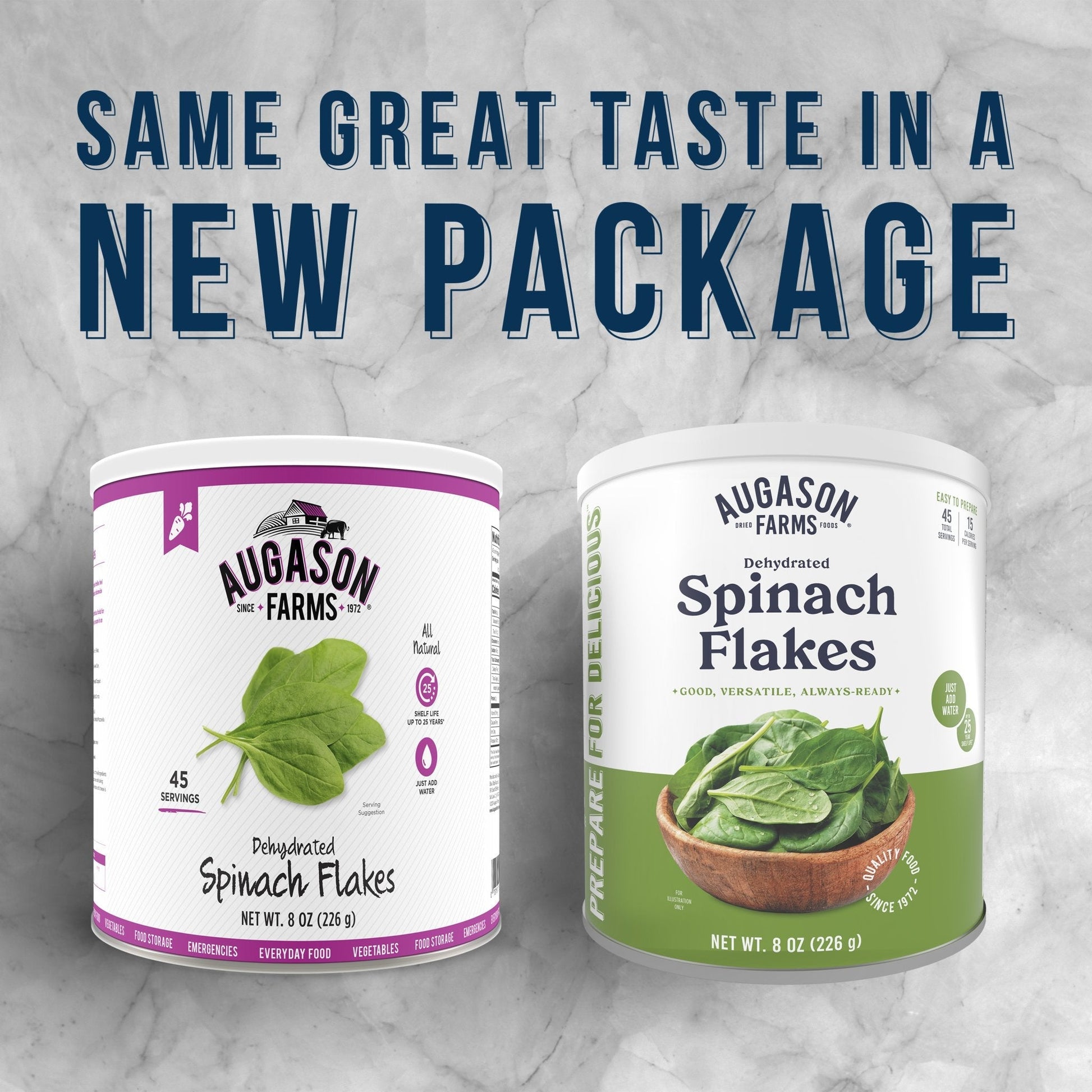 Can of Augason Farms dehydrated spinach flakes for cooking and snacks, 45 servings, with spinach flakes visible inside the can.