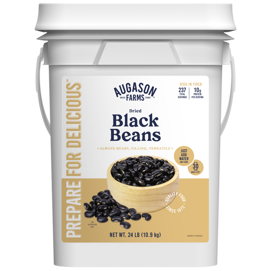 Dried black beans in a 4-gallon pail from Augason Farms, showcasing the bulk packaging for long-term storage.