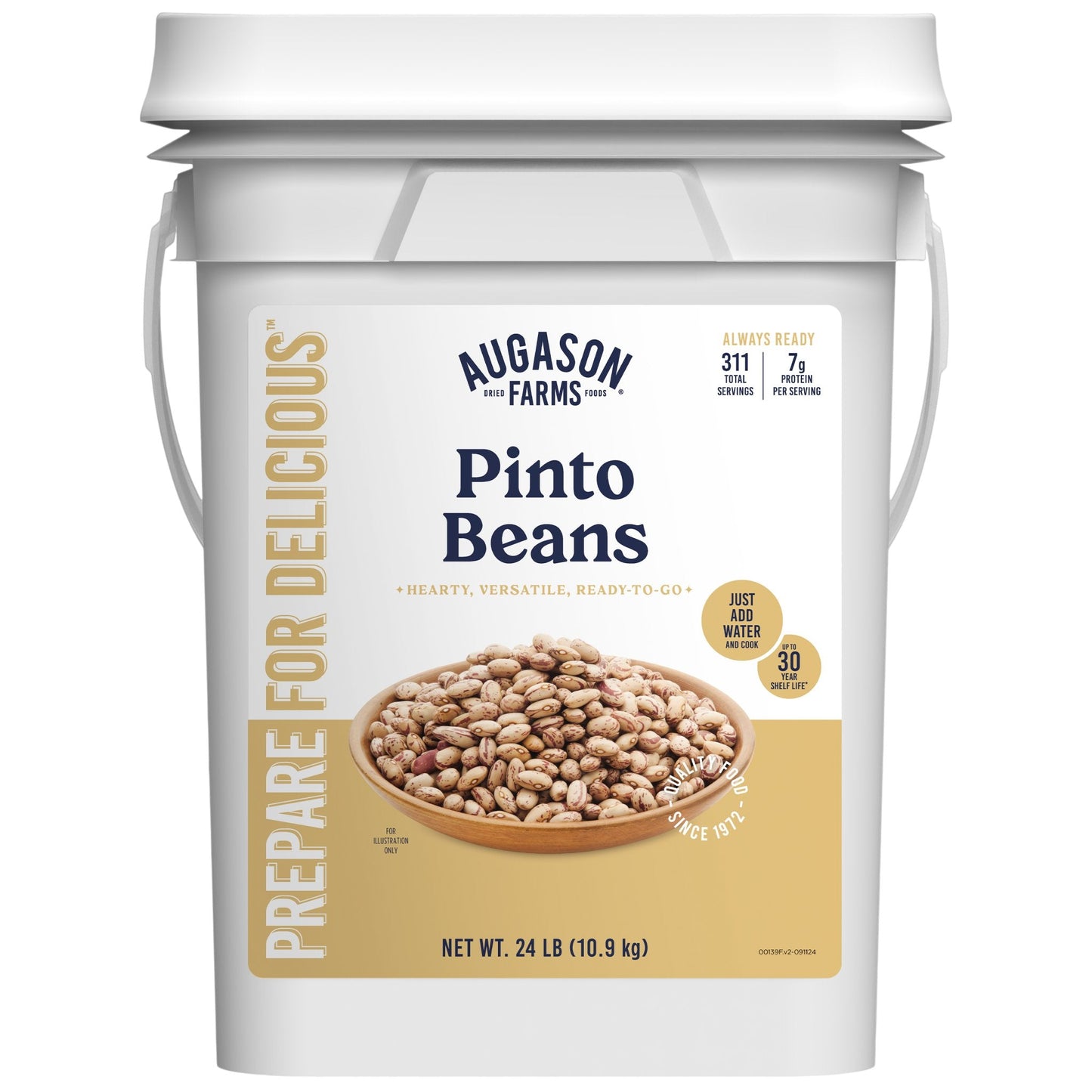 Dried pinto beans in a 4-gallon pail from Augason Farms, showing a large container filled with dried pinto beans.