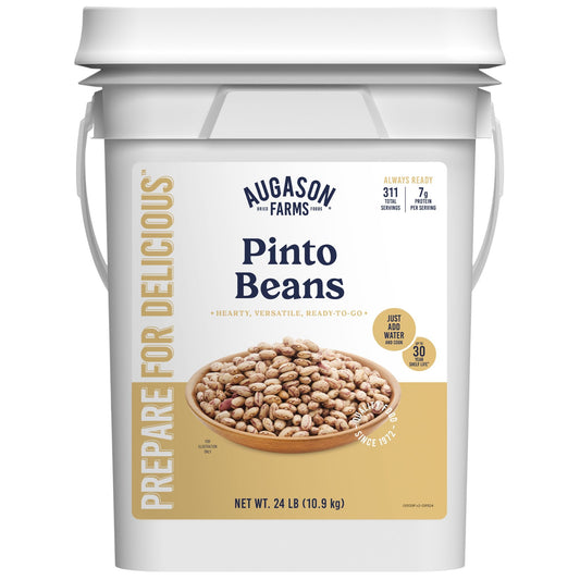 Dried pinto beans in a 4-gallon pail from Augason Farms, showing a large container filled with dried pinto beans.