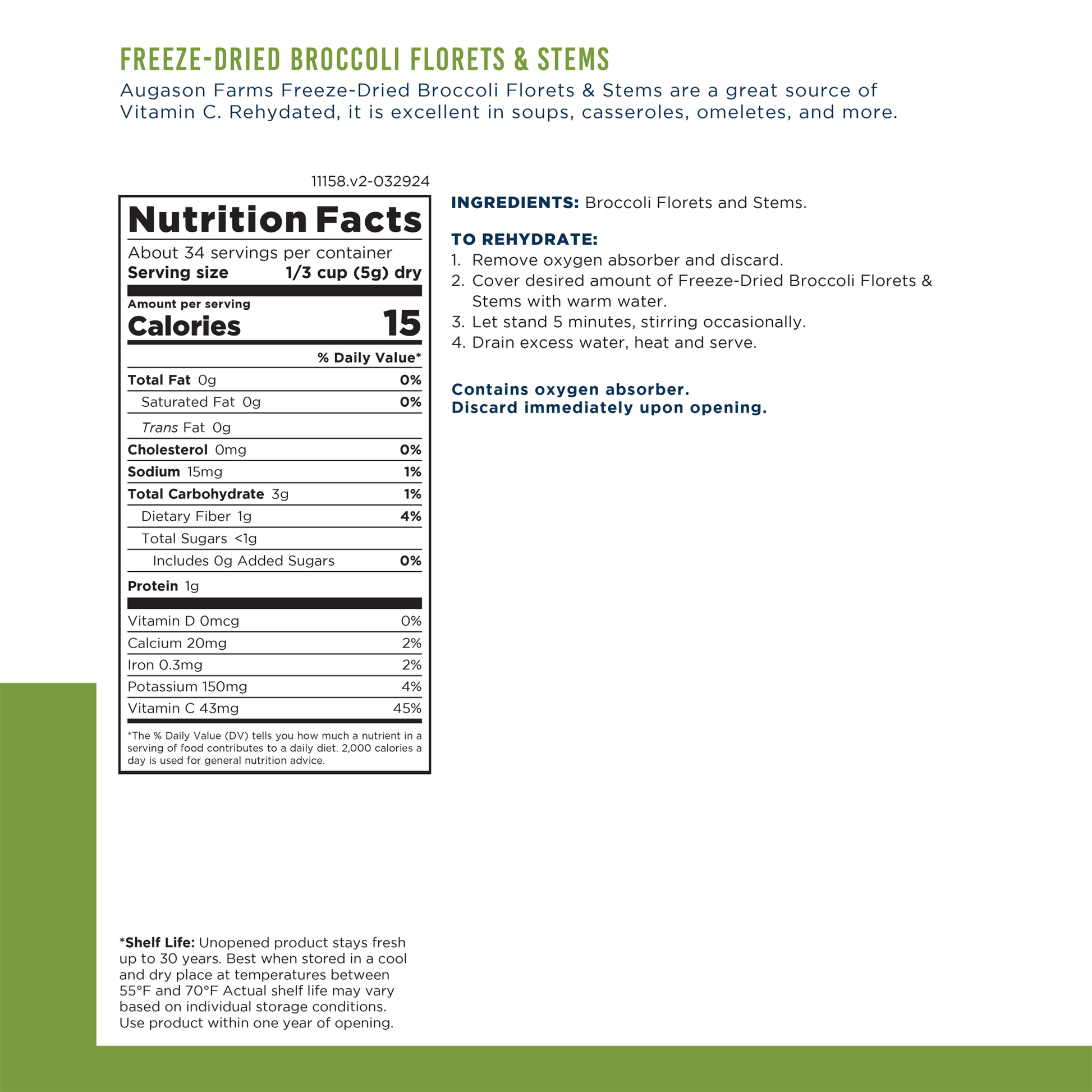 Can of Augason Farms freeze-dried broccoli florets and stems with 34 servings, showing the colorful dried broccoli pieces.