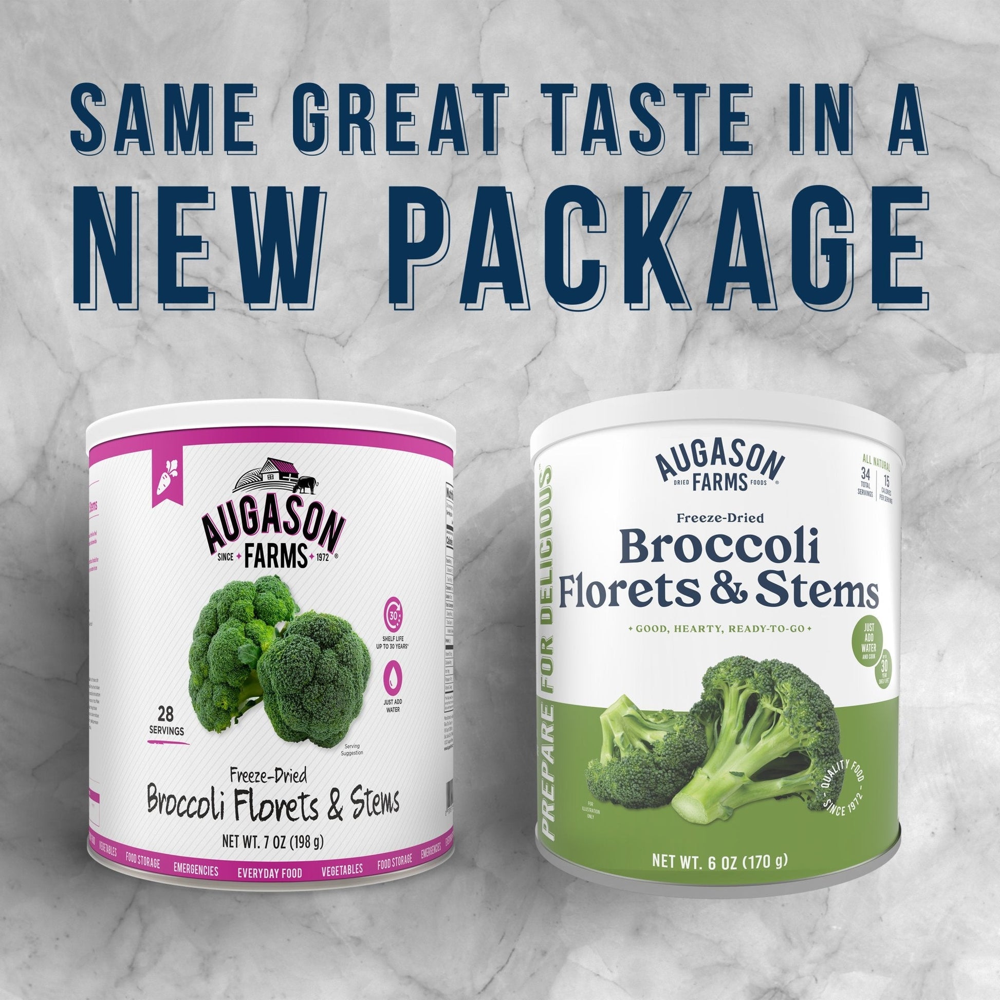 Freeze dried broccoli florets and stems in a can by Augason Farms, 34 servings, ready for cooking or snacking.