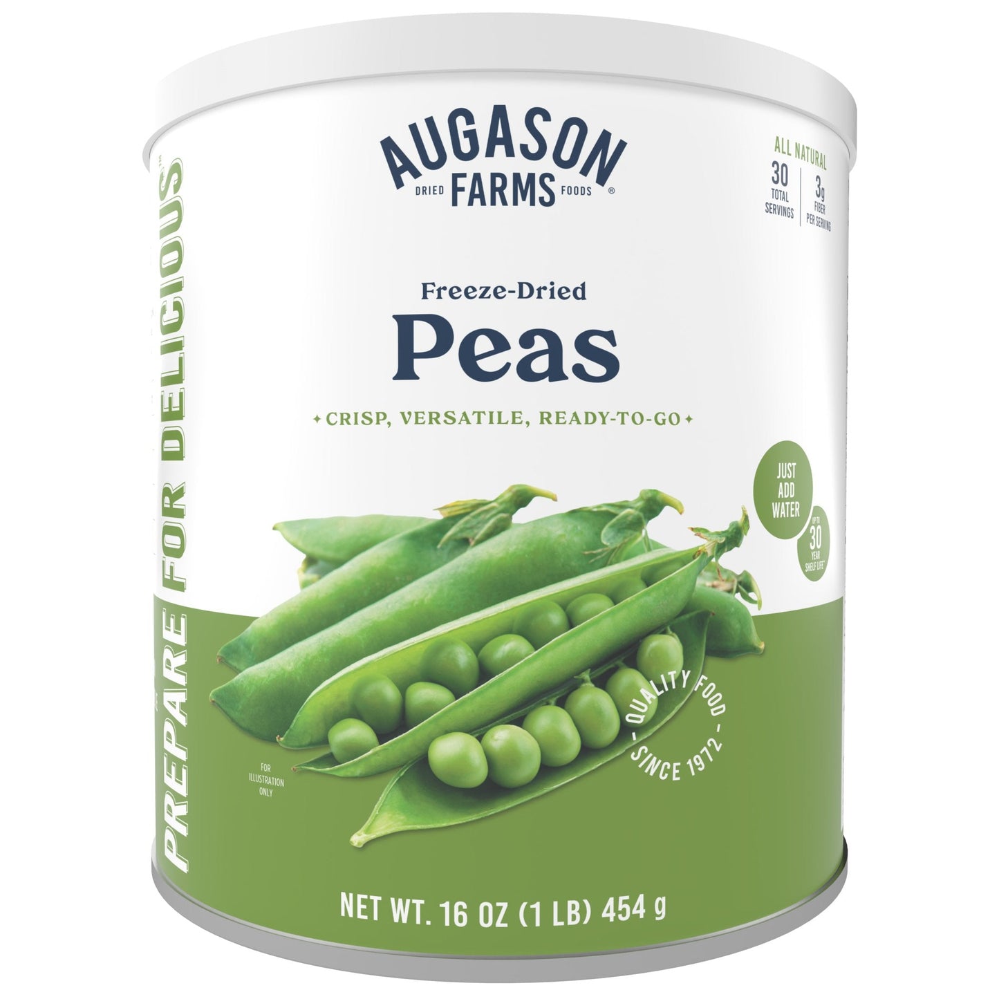 Can of freeze-dried peas by Augason Farms, 30 servings, showing the label and sealed can for long-term storage.