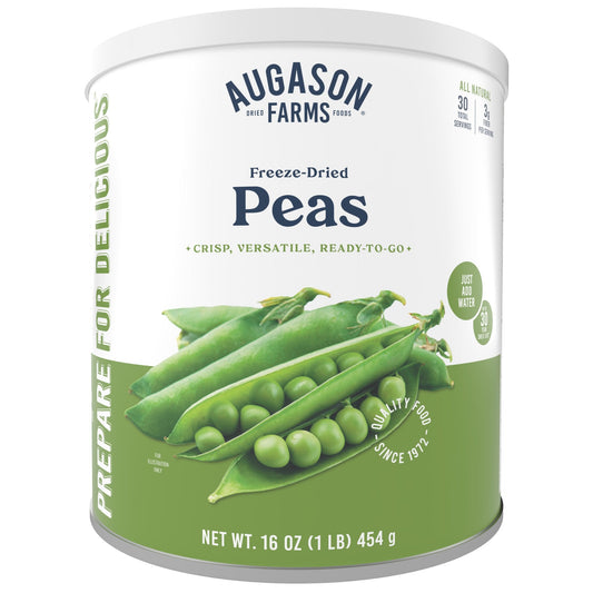 Can of freeze-dried peas by Augason Farms, 30 servings, showing the label and sealed can for long-term storage.