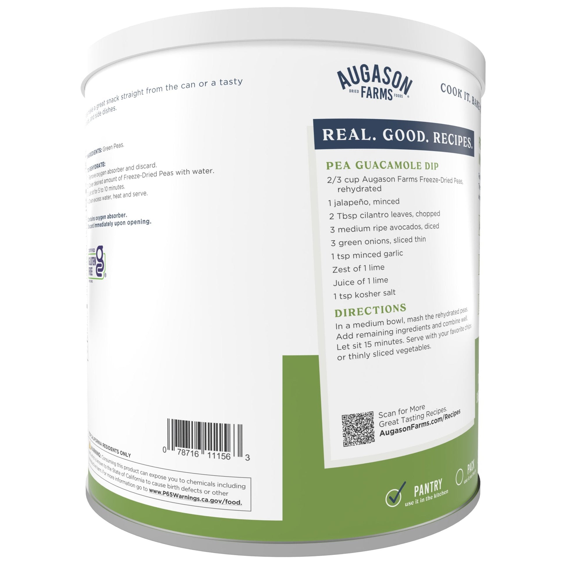 Can of Augason Farms freeze-dried peas, 30 servings, showing the label with green peas and product details.
