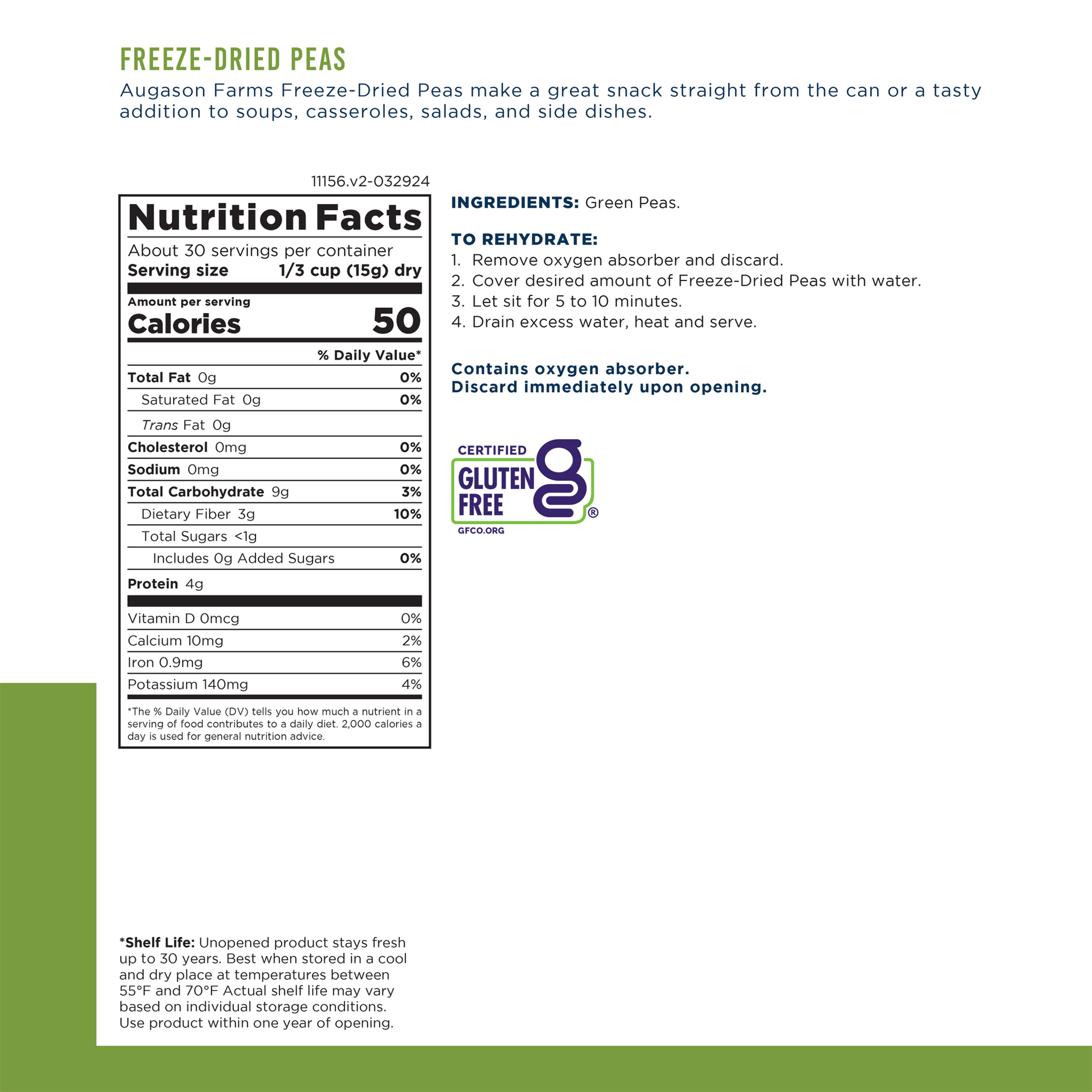 Can of Augason Farms freeze-dried peas with 30 servings, showing a sealed, labeled can of dehydrated green peas.