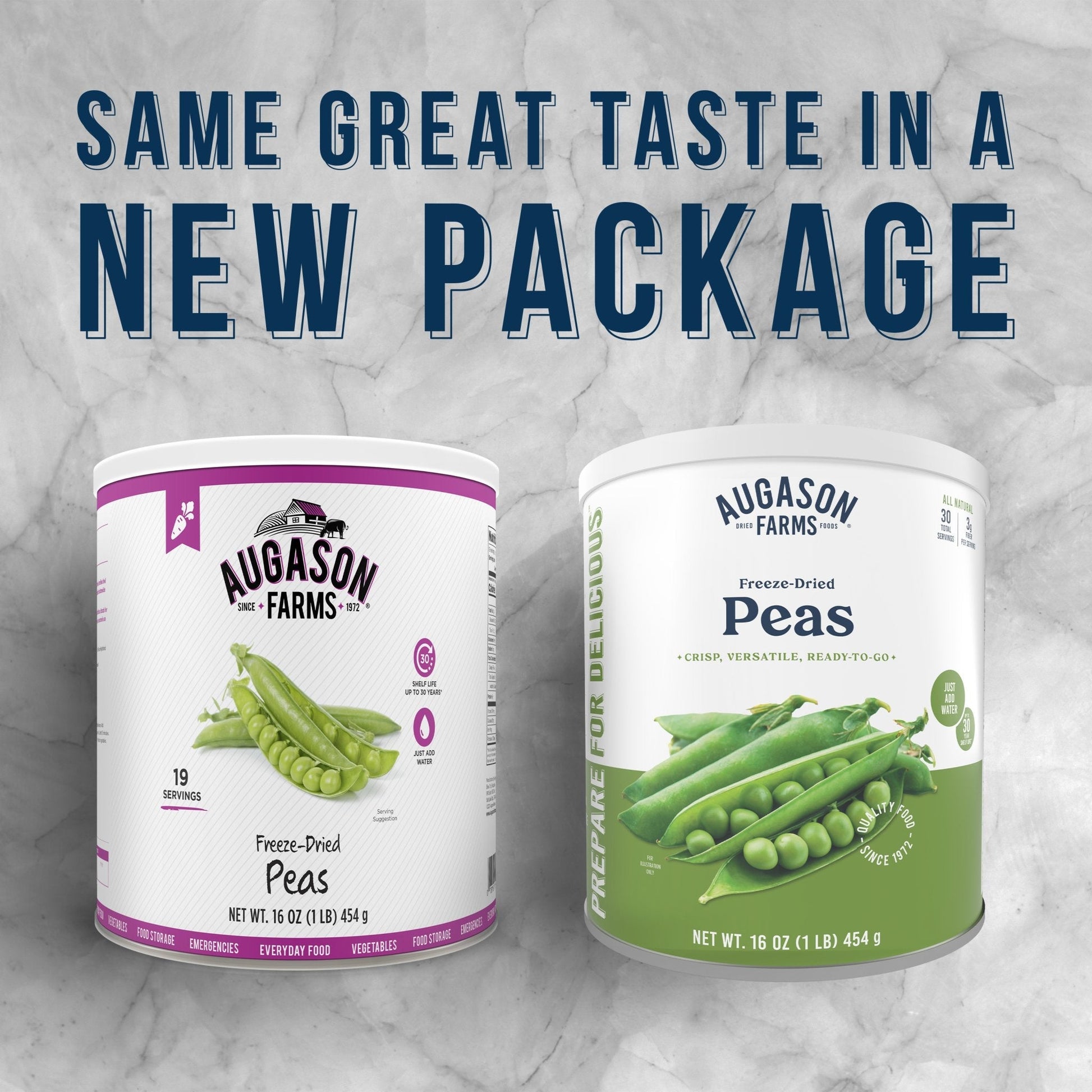 Can of Augason Farms freeze-dried peas with 30 servings, showing the label and unopened can on a white background.