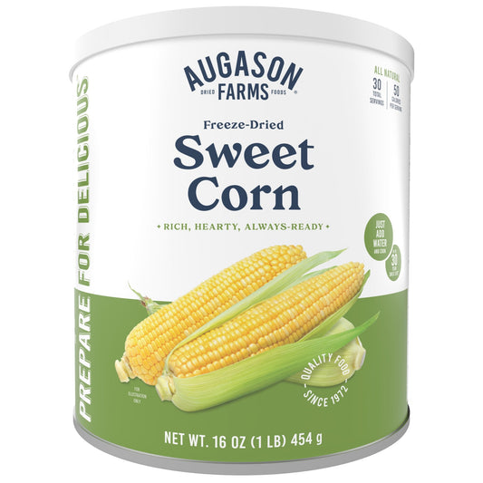 Can of Augason Farms freeze-dried sweet corn with 30 servings, showing the yellow corn inside the sealed can.