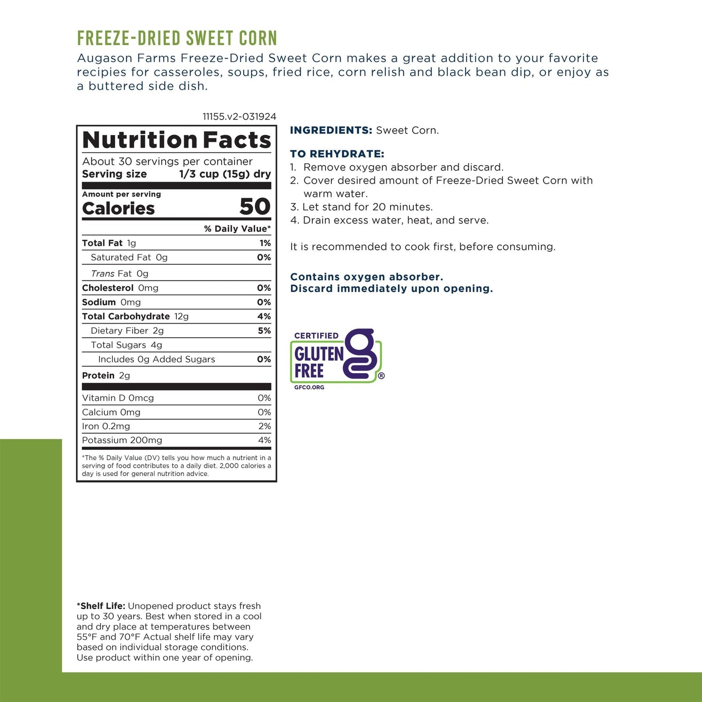 Can of Augason Farms freeze-dried sweet corn with 30 servings, showing the product label and can design.