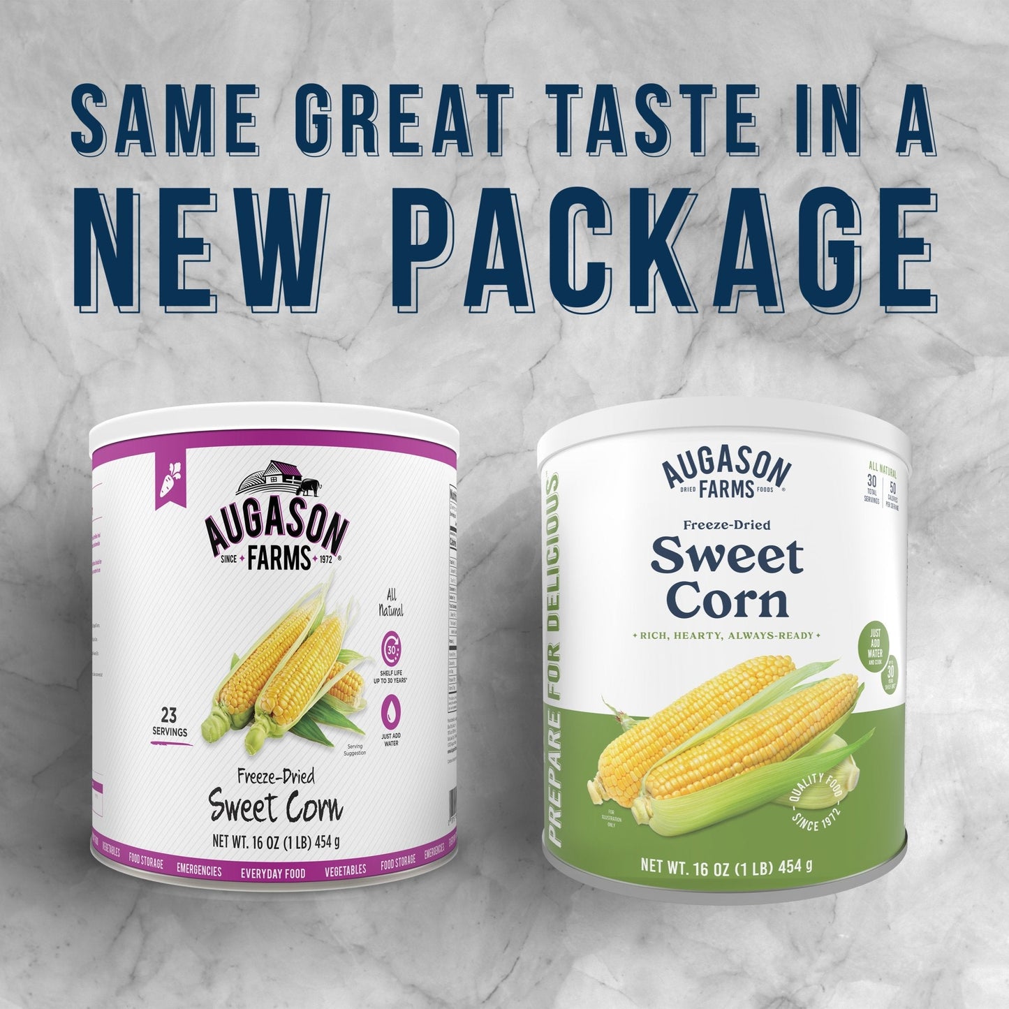 Can of Augason Farms freeze-dried sweet corn with 30 servings, showing the colorful corn kernels in a sealed can.