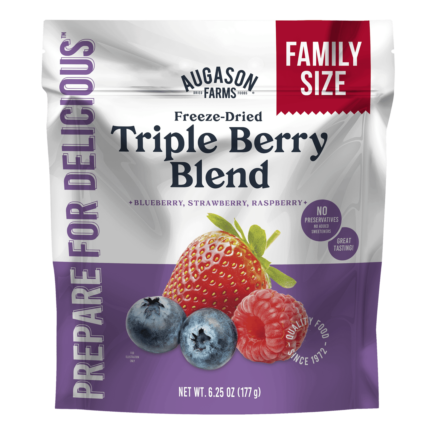 Freeze-dried triple berry blend in a family-size pouch by Augason Farms, showing vibrant dried strawberries, blueberries, and raspberries.
