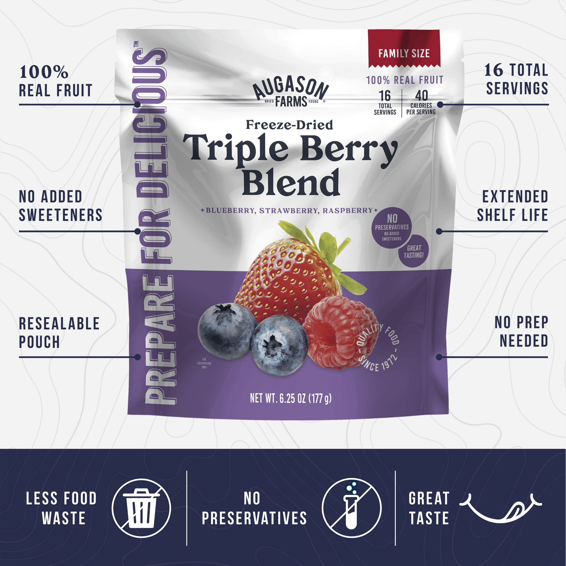 Freeze-dried triple berry blend in a family-size pouch by Augason Farms, showing vibrant dried berries for smoothies or snacks.