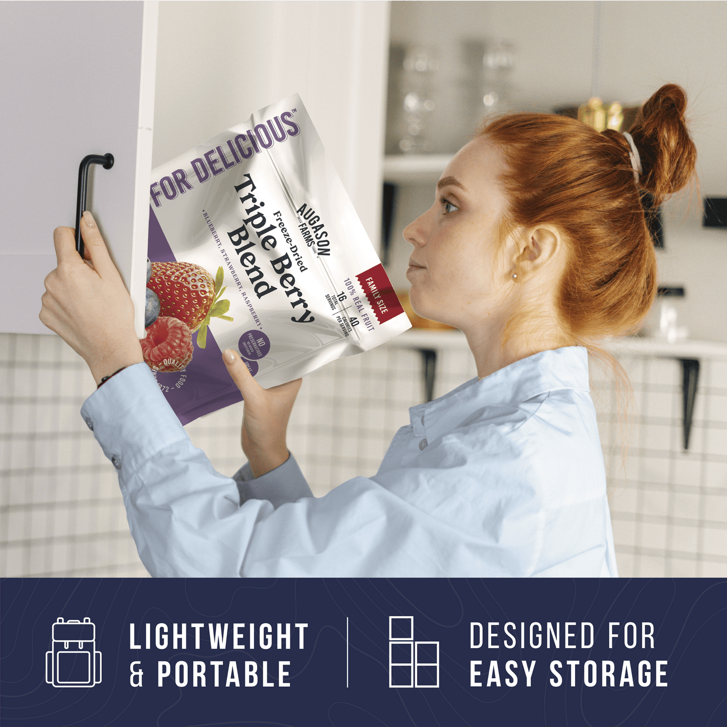 Freeze dried triple berry blend in a family size pouch by Augason Farms, showing colorful berries ready for snacking or recipes.