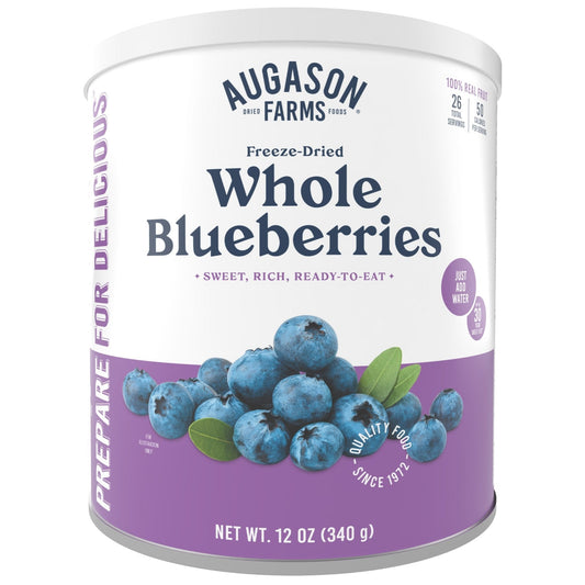 Can of Augason Farms freeze-dried whole blueberries showing blue dried berries inside the container.