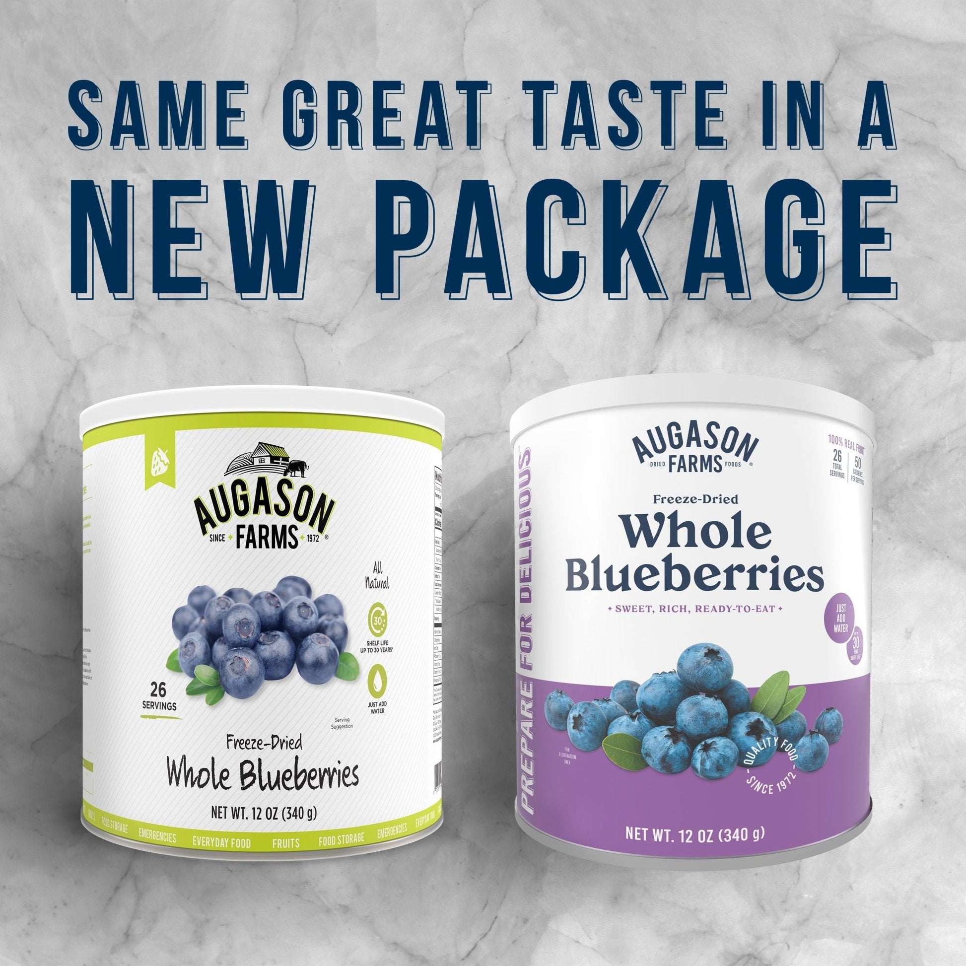 Freeze dried whole blueberries in a can by Augason Farms, 26 servings, showing the colorful dried blueberries inside the container.