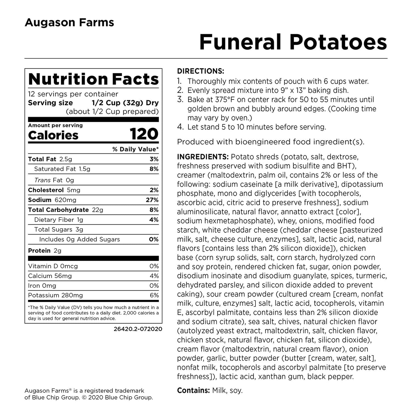 Augason Farms Funeral Potatoes pouch with cheesy potato casserole, 12 servings, ready-to-make cheesy potato dish in a resealable pouch.