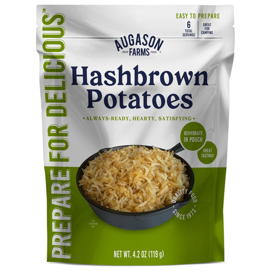 Augason Farms hashbrown potatoes pouch with 6 servings, showing golden cooked hashbrowns in a clear bowl.