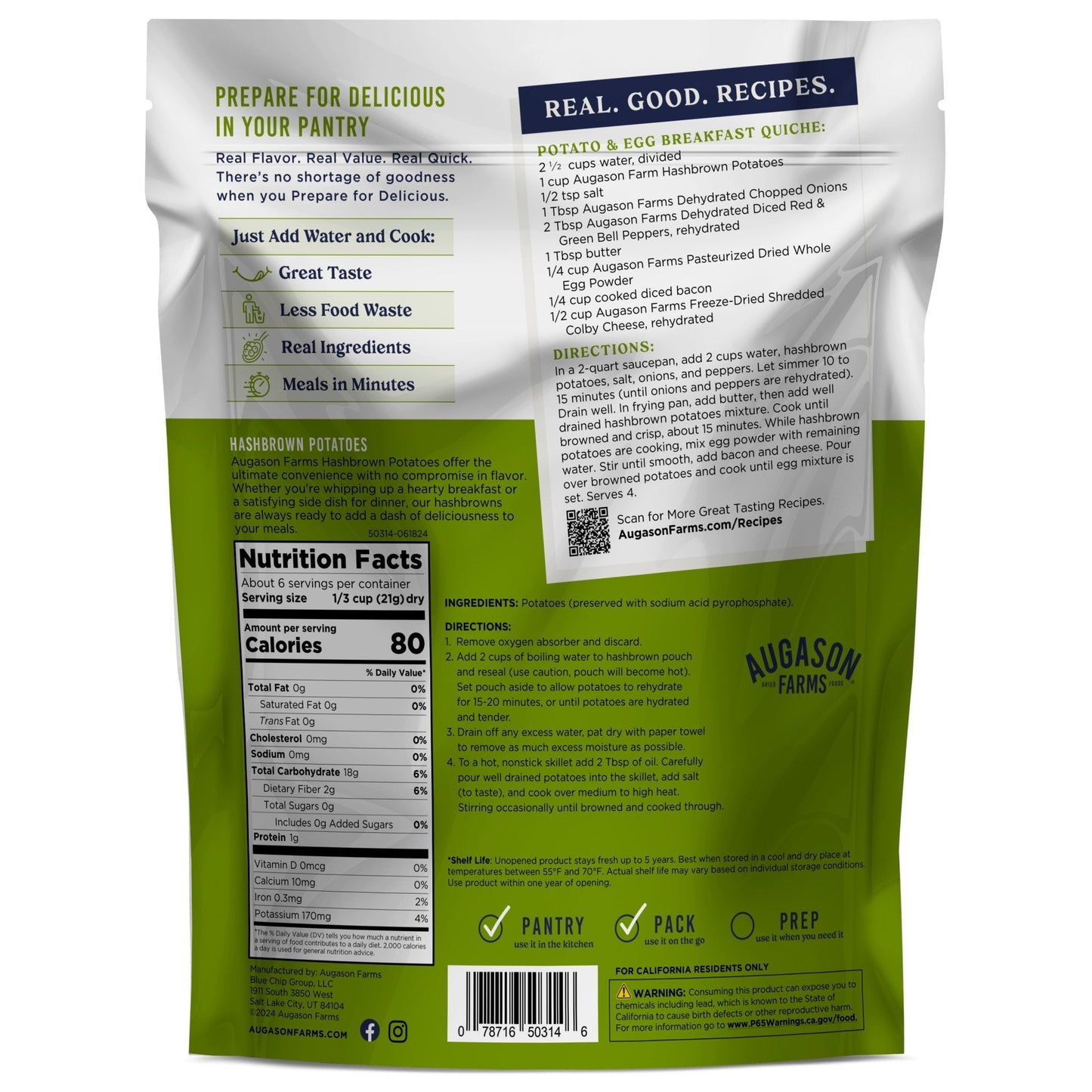 Augason Farms hashbrown potatoes pouch with 6 servings, showing crispy browned hashbrowns in a clear pouch.