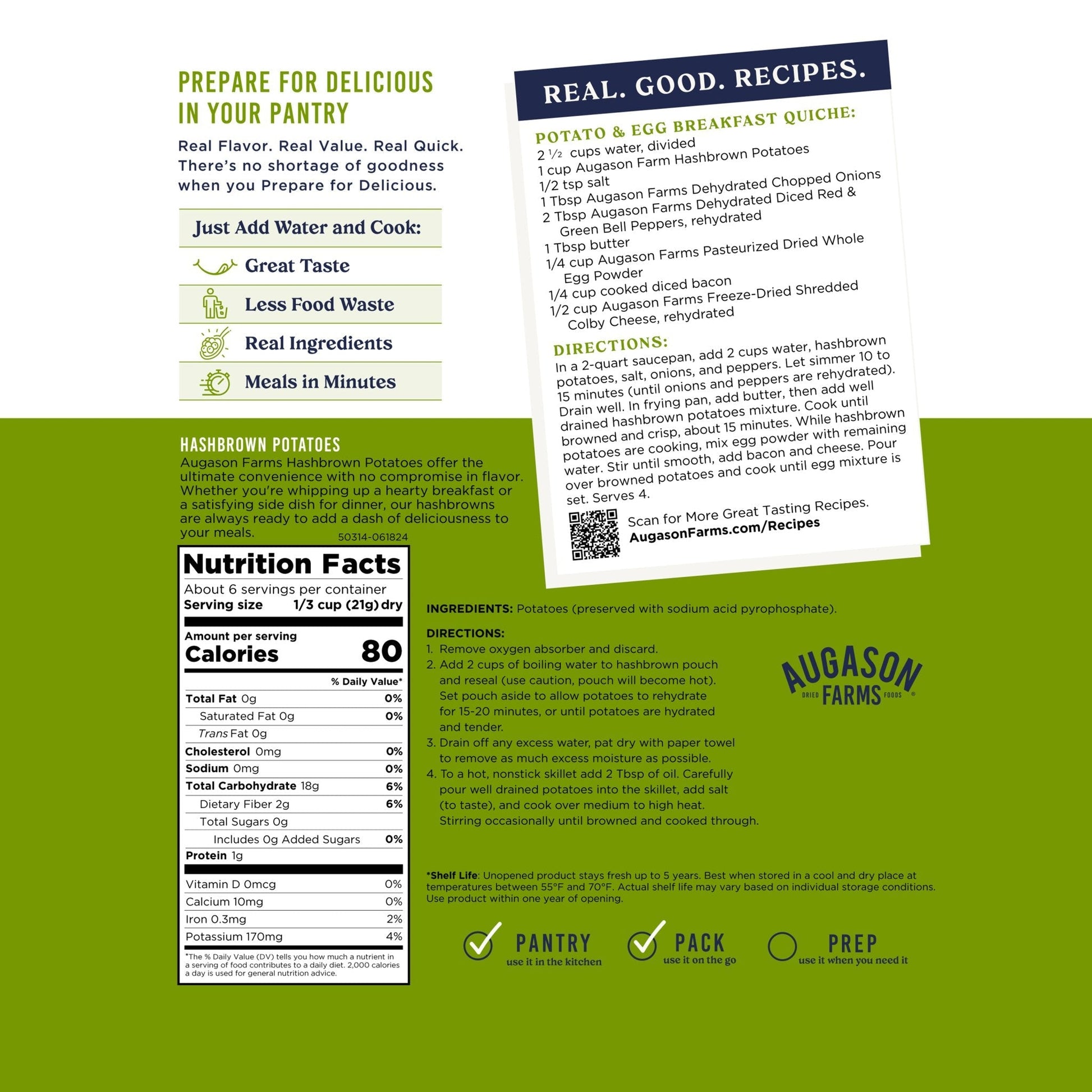 Augason Farms hashbrown potatoes pouch with 6 servings, showing crispy golden hashbrowns in a resealable pouch.