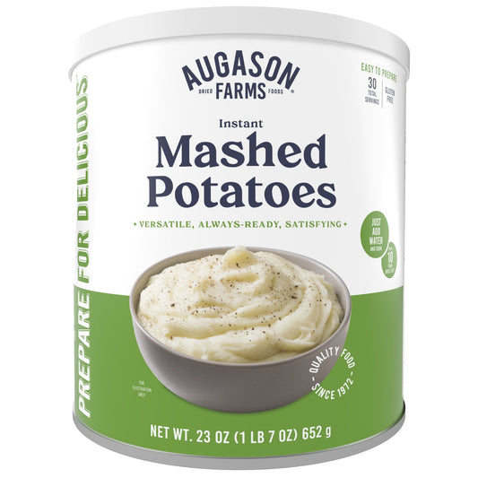 Augason Farms instant mashed potatoes can with 30 servings, showing the product label and a can of dehydrated mashed potatoes.