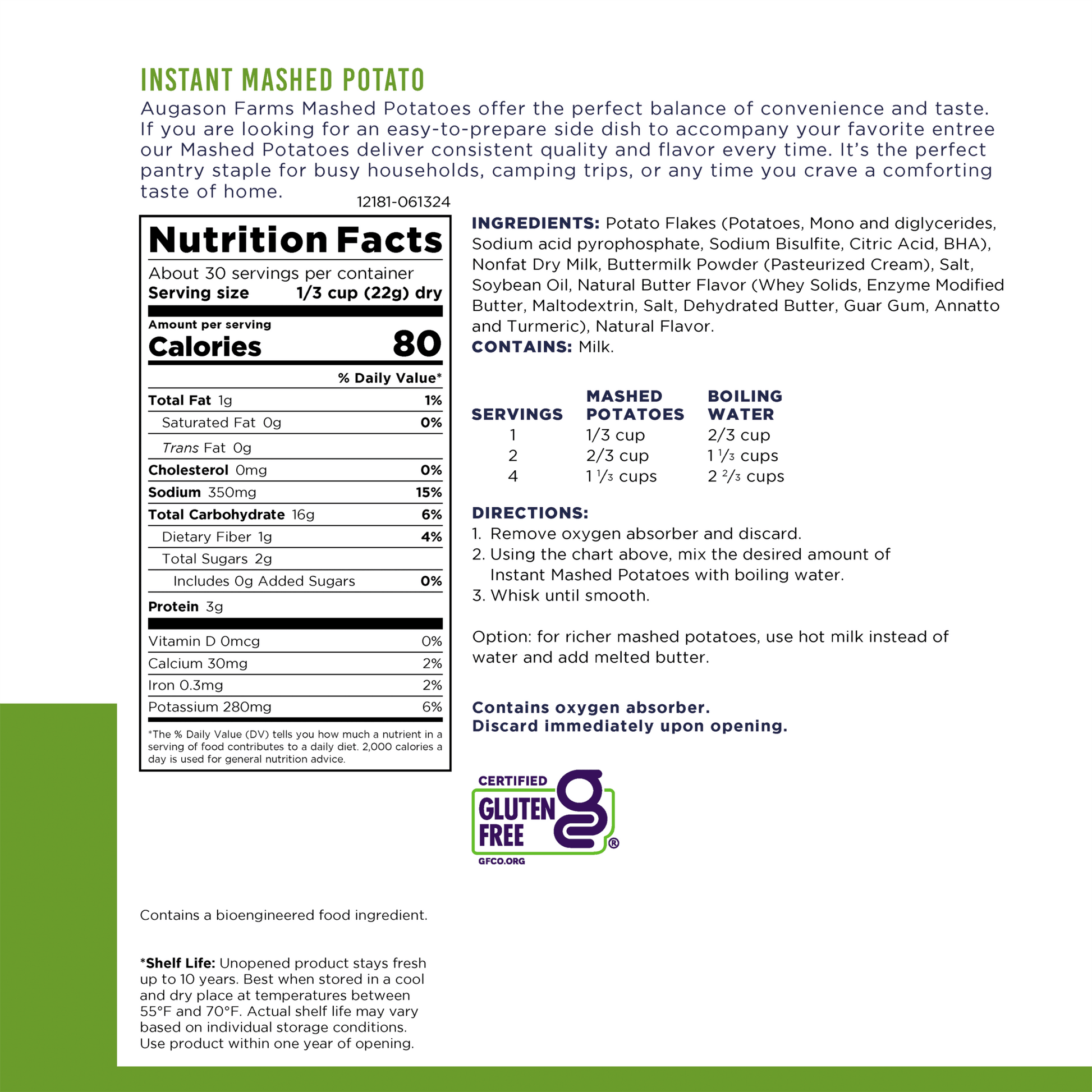 Augason Farms instant mashed potatoes can, 30 servings, showing a white can with product label and serving size details.
