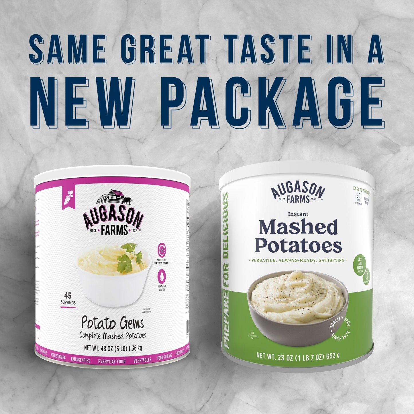 Augason Farms instant mashed potatoes can with 30 servings, showing the white canister with label and serving size details.