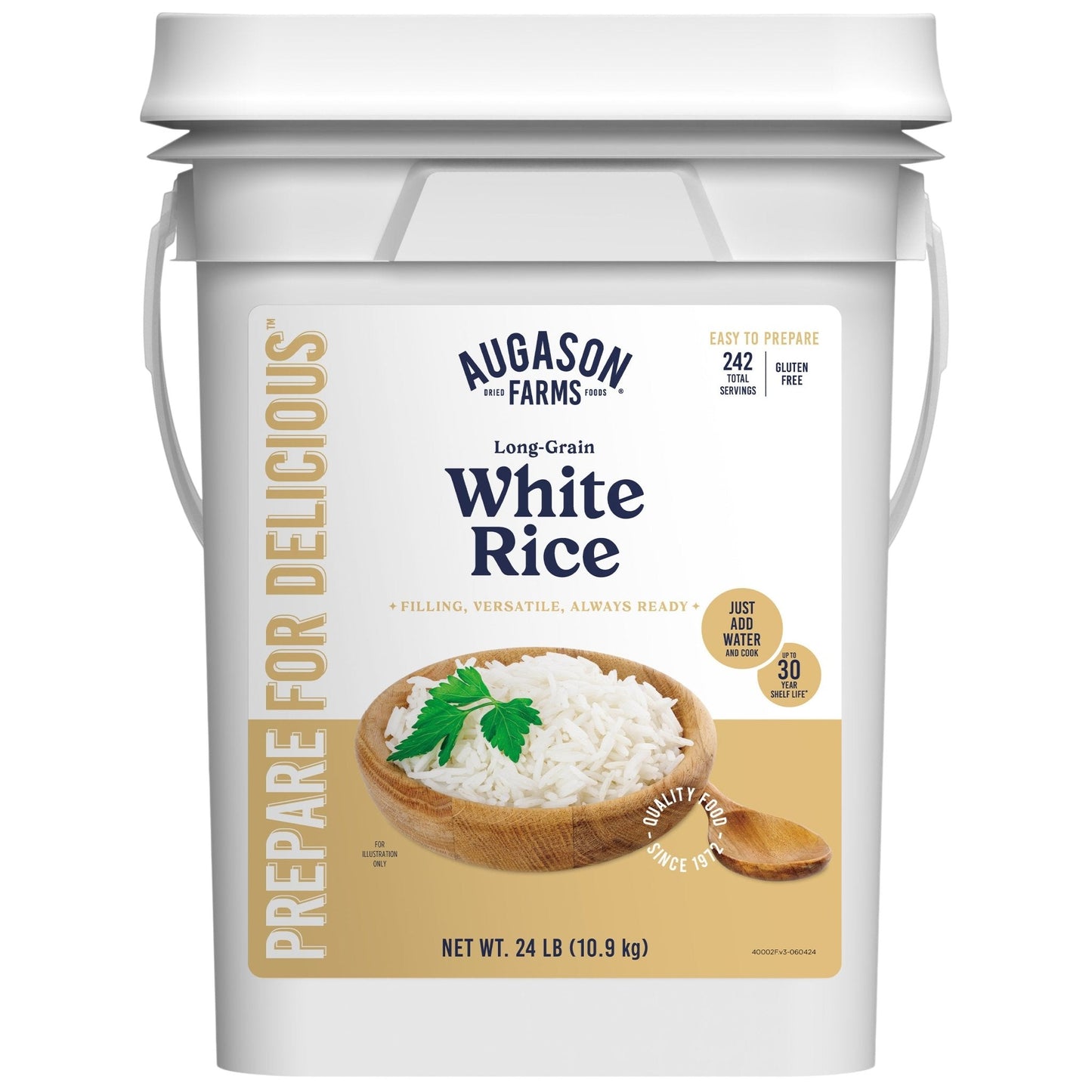 Long grain white rice from Augason Farms, 242-serving bulk package, showing a clear bag of white rice grains.