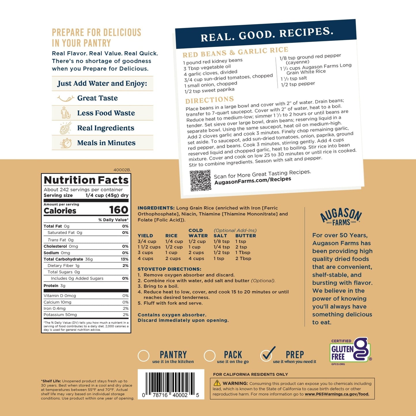 Long grain white rice in a large package from Augason Farms, designed for 242 servings. Clear image of the rice packaging.
