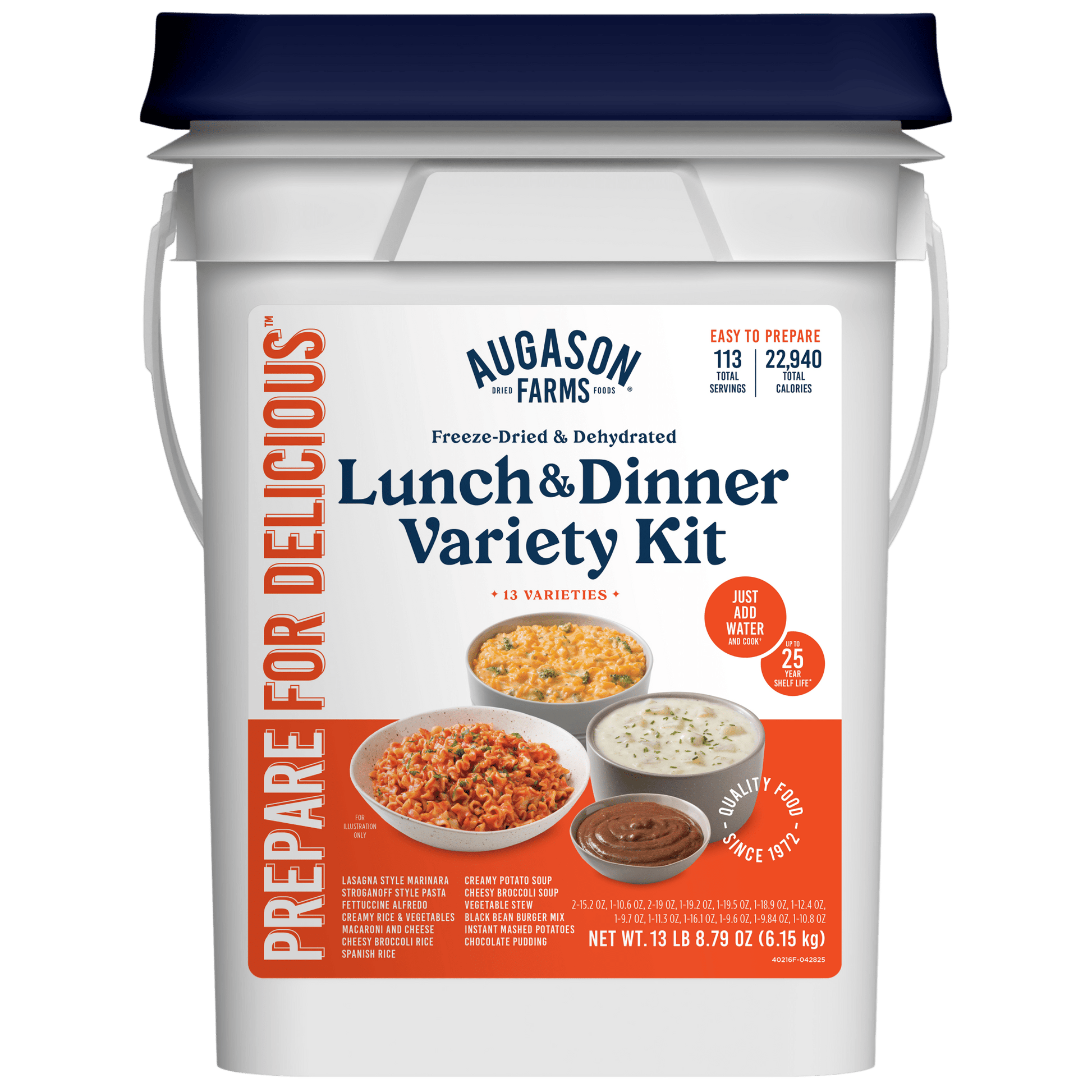 Augason Farms Lunch and Dinner Variety Pail with 122 servings featuring a selection of emergency-ready meal options.
