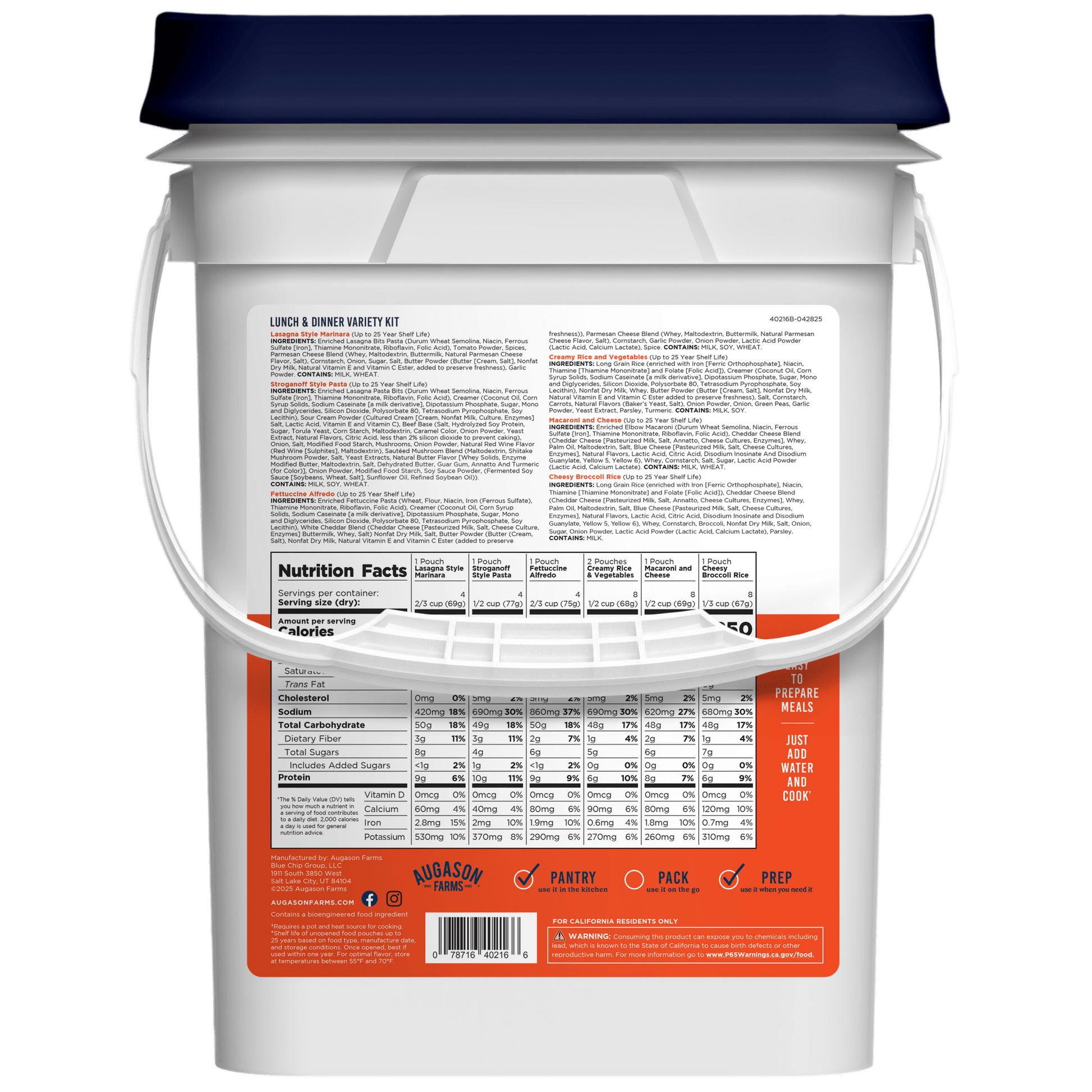 Augason Farms lunch and dinner variety pail with 122 servings, featuring assorted dehydrated meals for long-term storage.