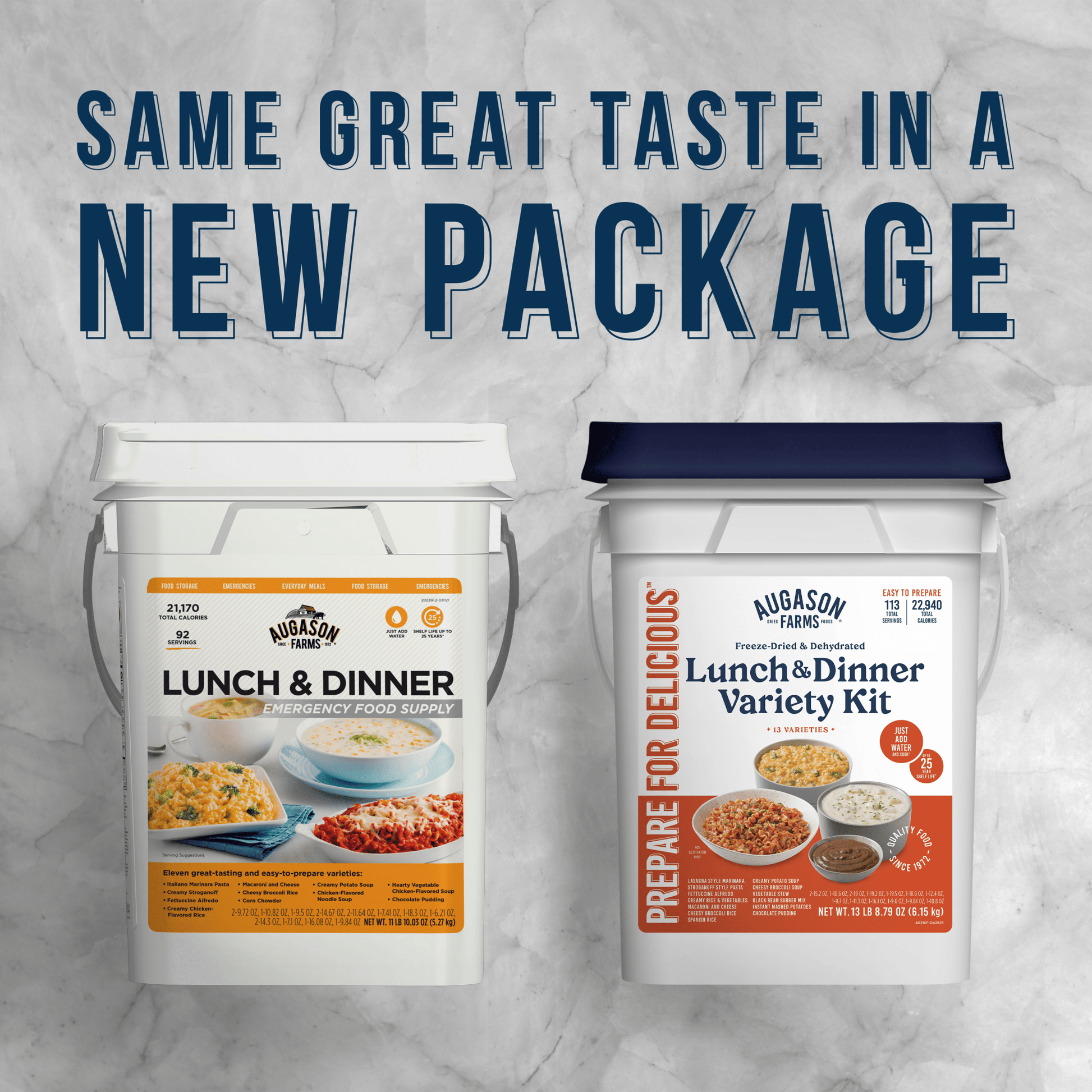 Augason Farms Lunch and Dinner Variety Pail with 122 servings, featuring a selection of meal options in a large storage container.