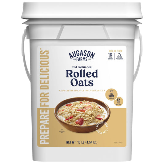 Old Fashioned Rolled Oats in a 4-gallon pail by Augason Farms, showing a large container of nutritious oatmeal oats.