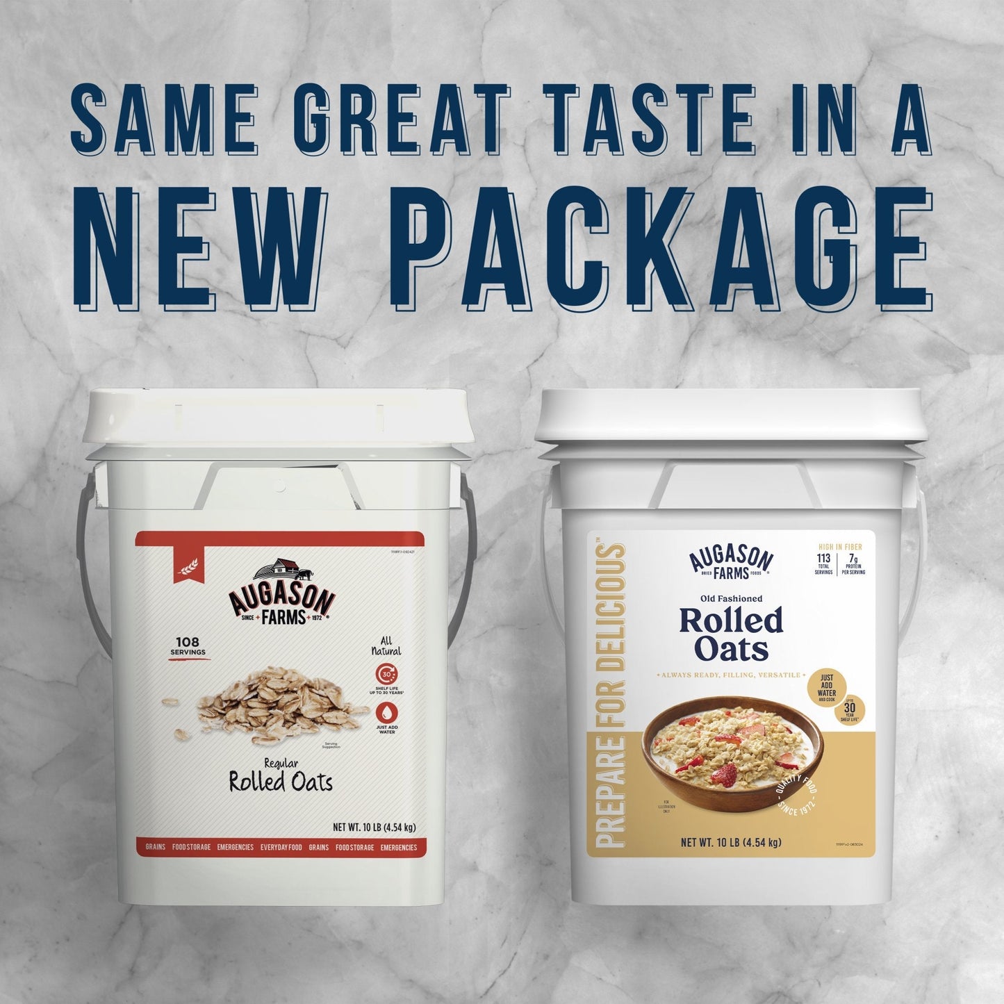 Old Fashioned Rolled Oats in a 4-gallon pail by Augason Farms, showing a large container filled with rolled oats.