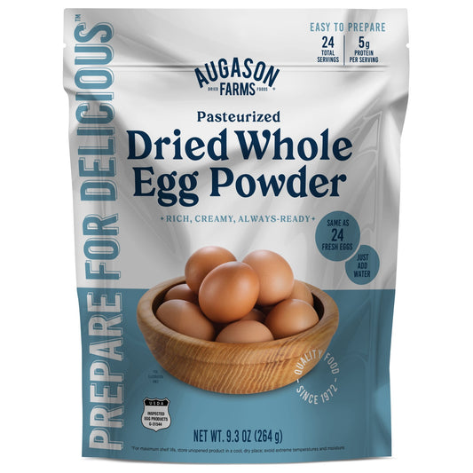 Augason Farms pasteurized dried whole egg powder pouch showing the 24-serving package and product label.
