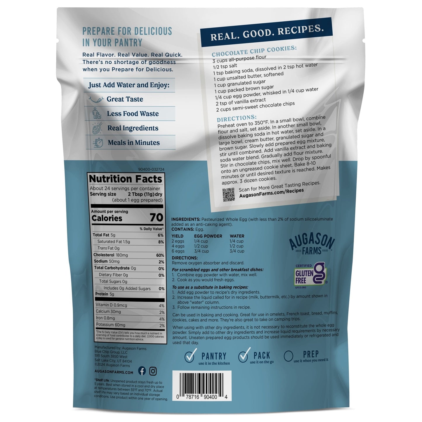 Augason Farms pasteurized dried whole egg powder pouch with 24 servings, showing the sealed pouch with product branding.