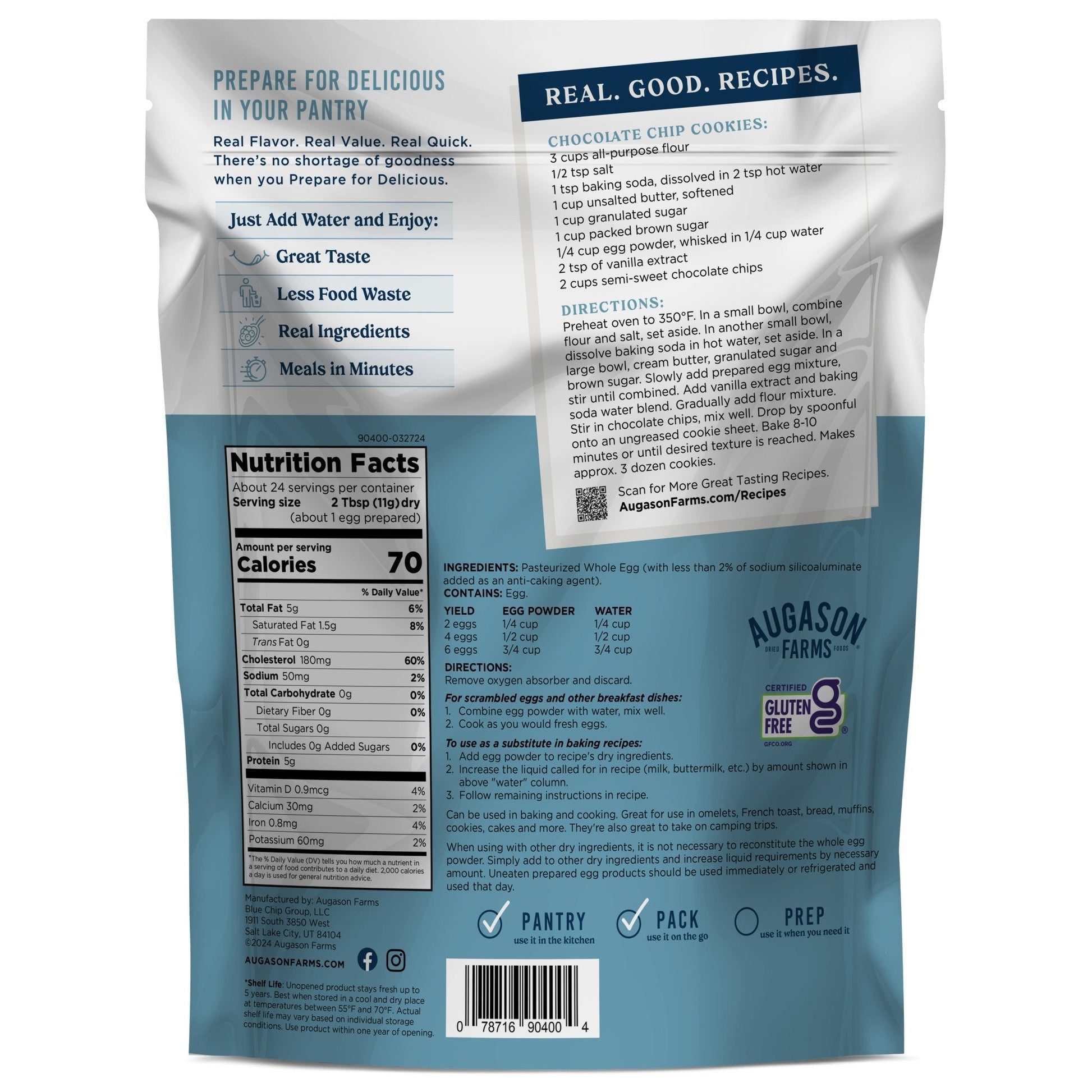 Augason Farms pasteurized dried whole egg powder pouch with 24 servings, showing the sealed pouch with product branding.