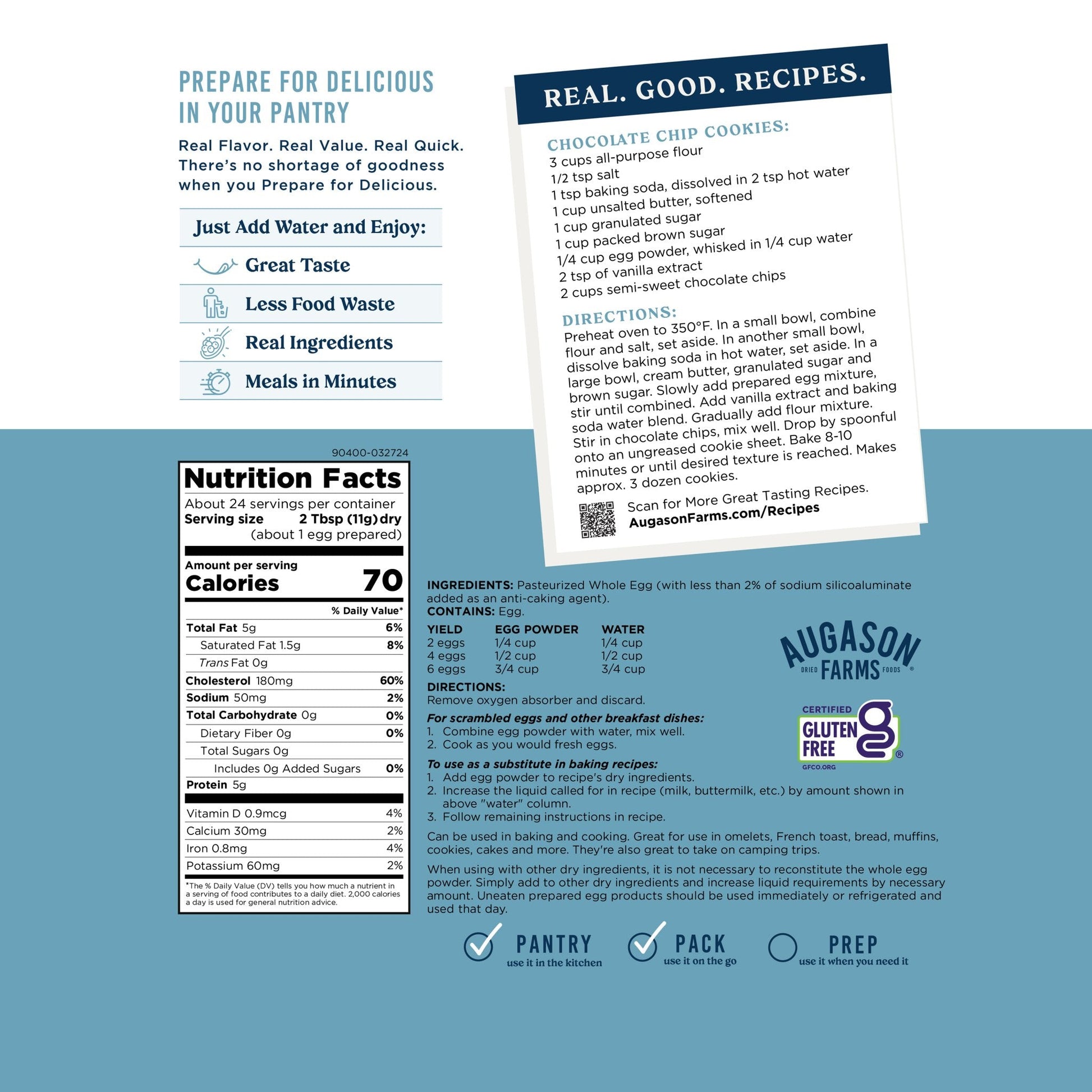 Augason Farms pasteurized dried whole egg powder pouch with 24 servings, showing the resealable packaging and product label.