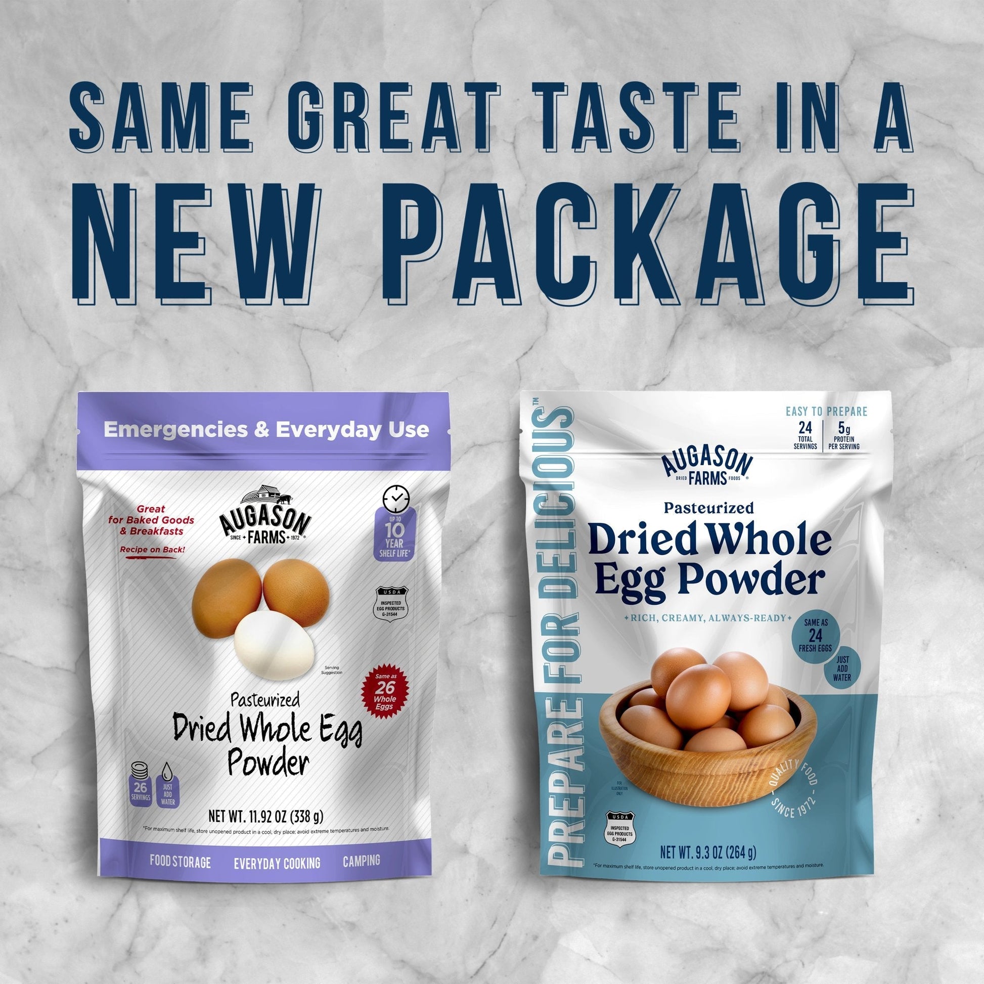 Augason Farms pasteurized dried whole egg powder pouch with 24 servings, shown in a resealable food storage pouch.