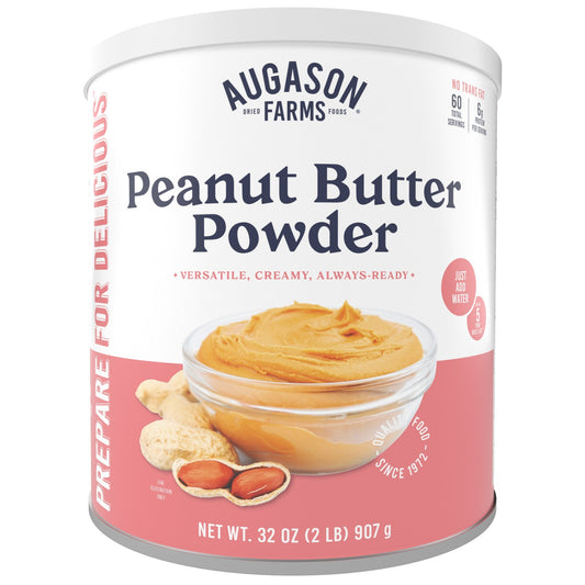 Augason Farms peanut butter powder can with 60 servings, showing a sealed container of powdered peanut butter.