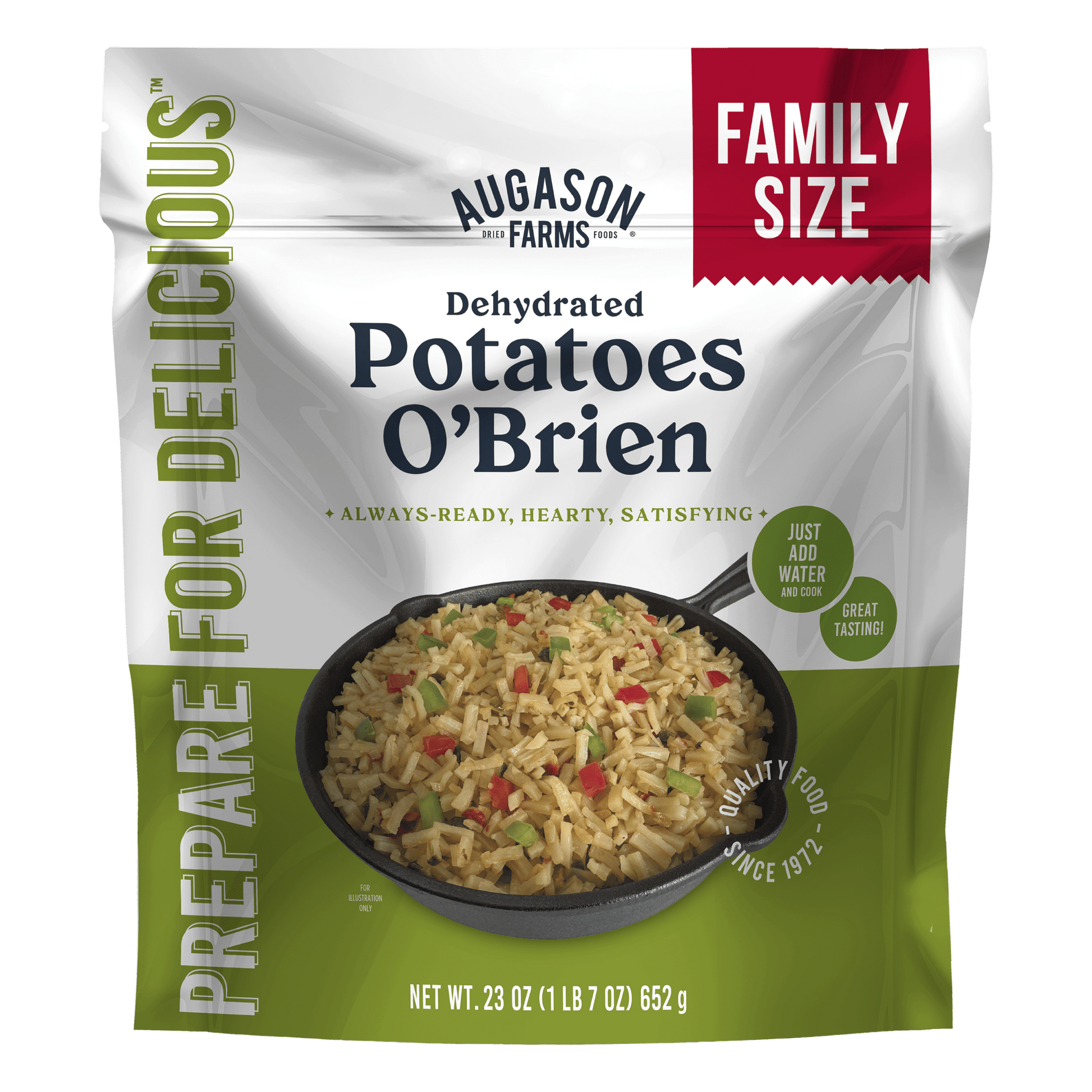 Augason Farms Potatoes O'Brien Family Size pouch with 18 servings, showing colorful diced potatoes and peppers in a resealable bag.