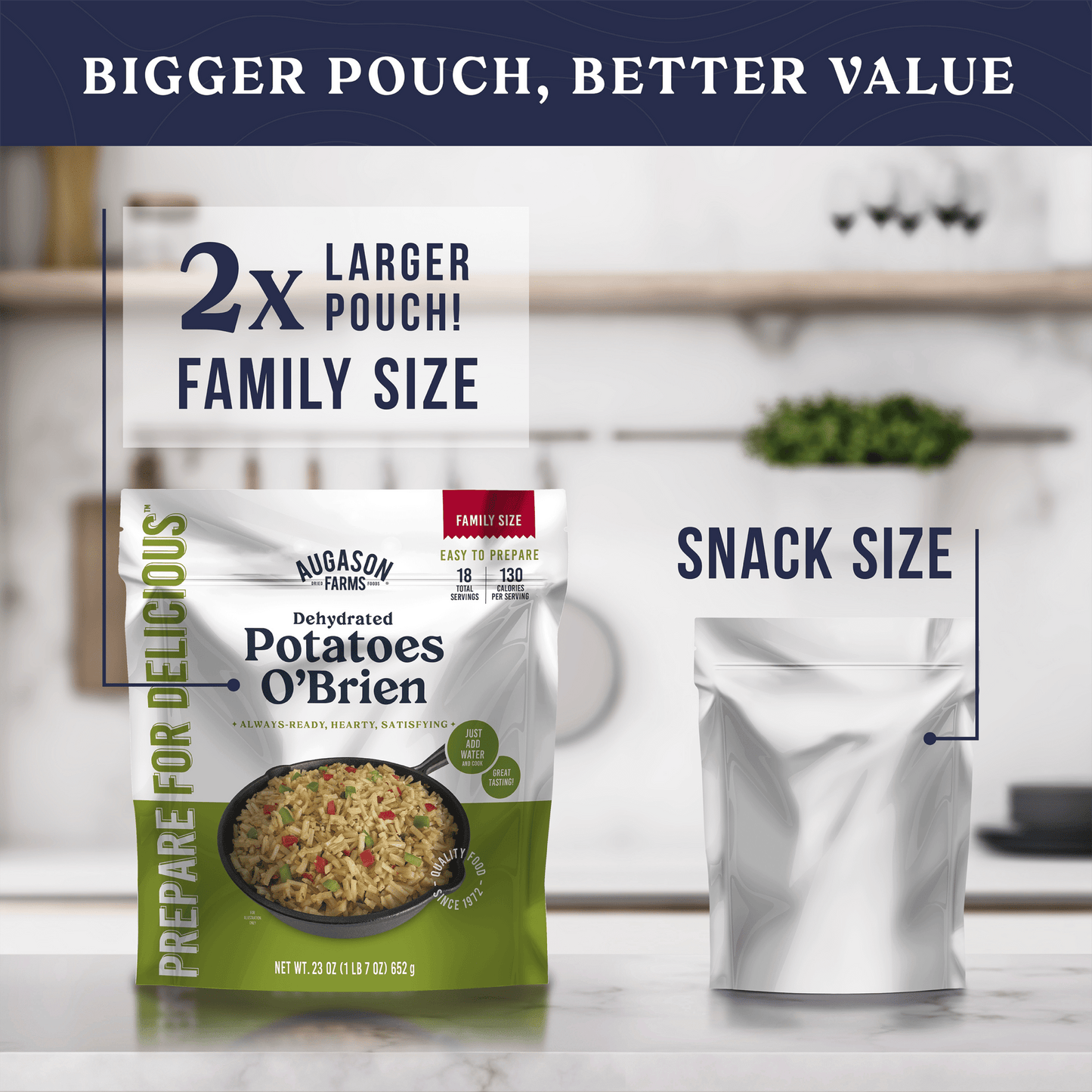 Augason Farms Potatoes O'Brien family size pouch with 18 servings, cooked breakfast potatoes with peppers and onions.