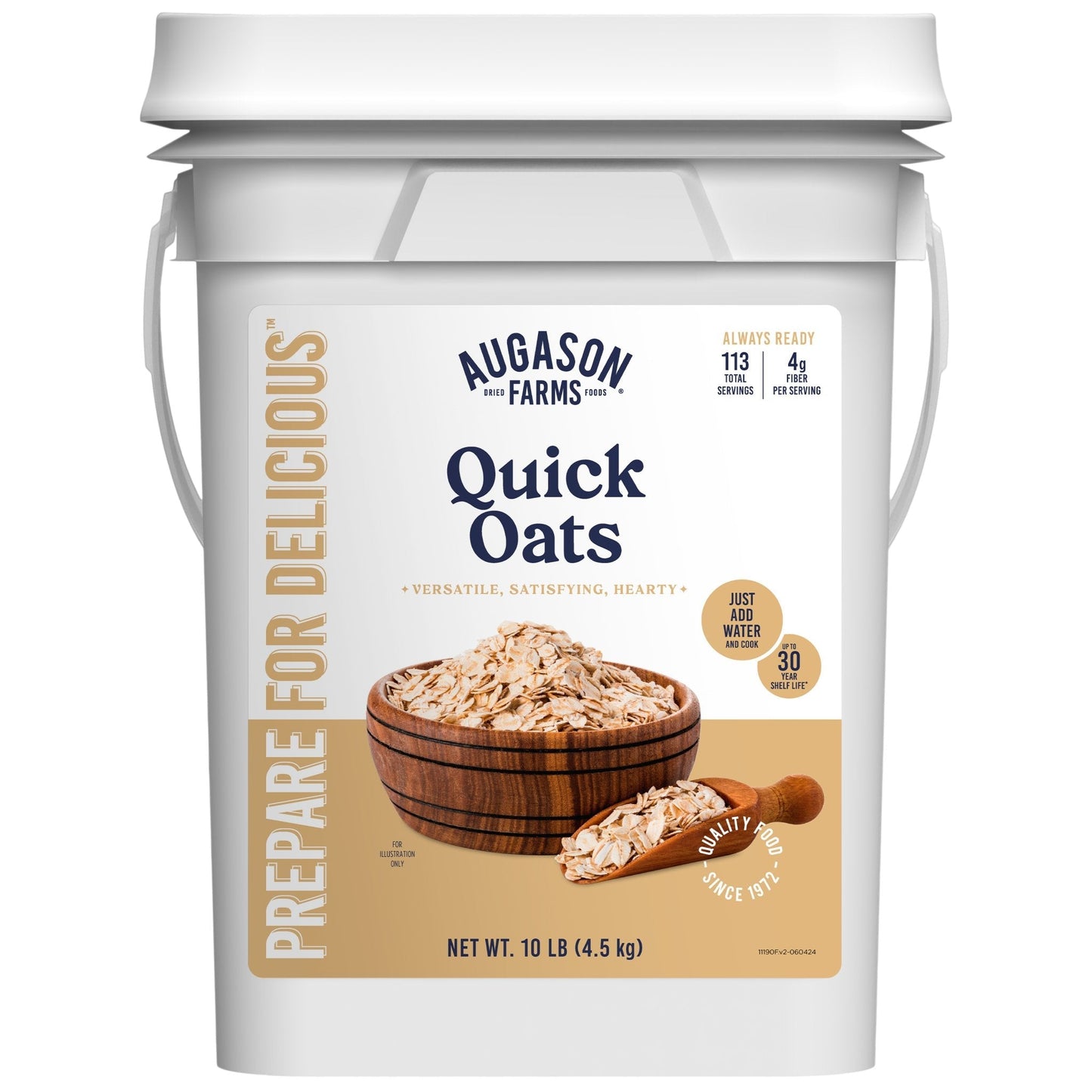 Augason Farms Quick Oats 4-gallon pail with 113 servings, showing a large container of rolled oats for breakfast or baking.