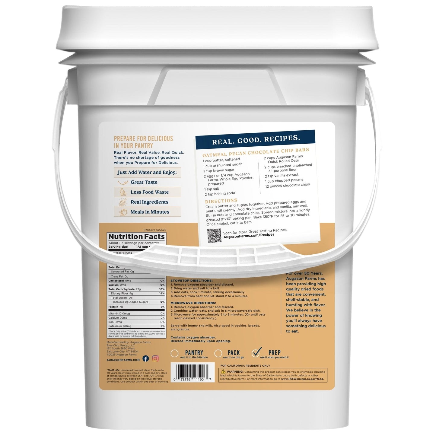 Augason Farms Quick Oats 4-gallon pail showing the large container of rolled oats for breakfast or cooking.