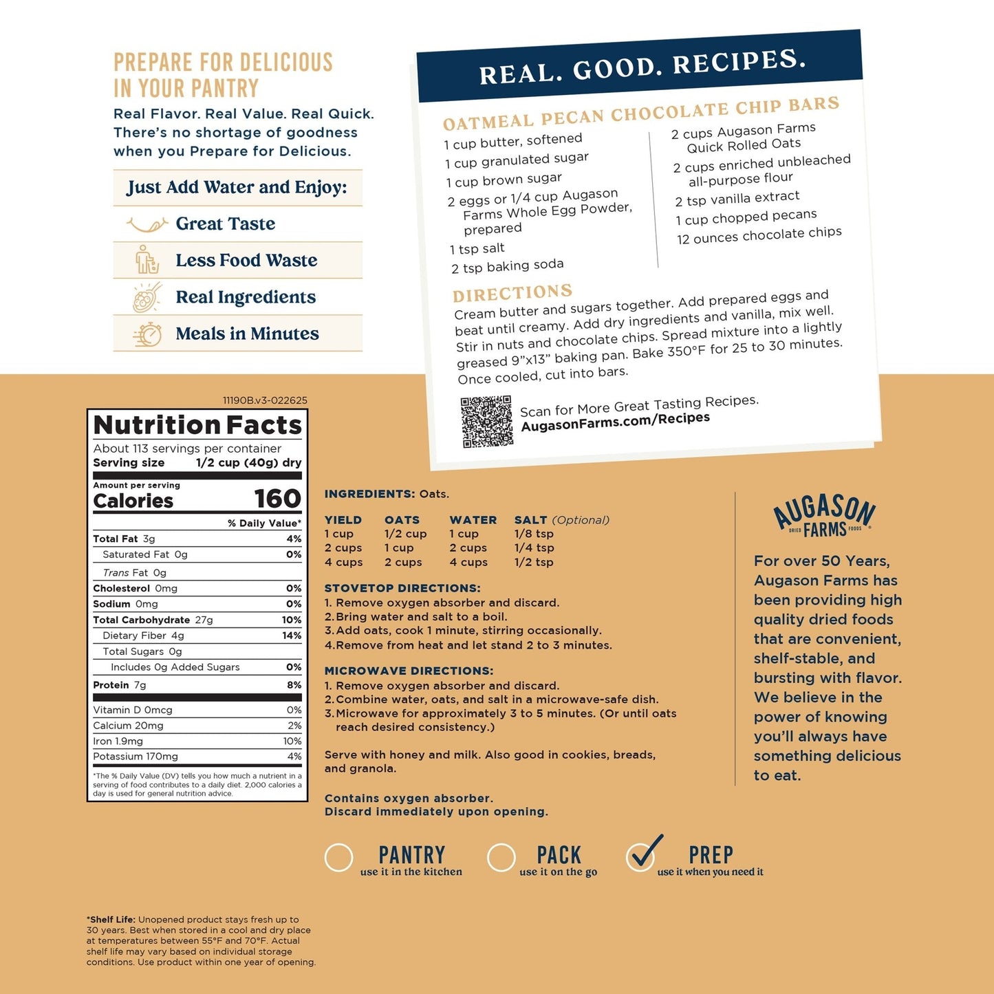 Augason Farms Quick Oats 4-gallon pail with 113 servings of rolled oats, stored in a clear plastic container.