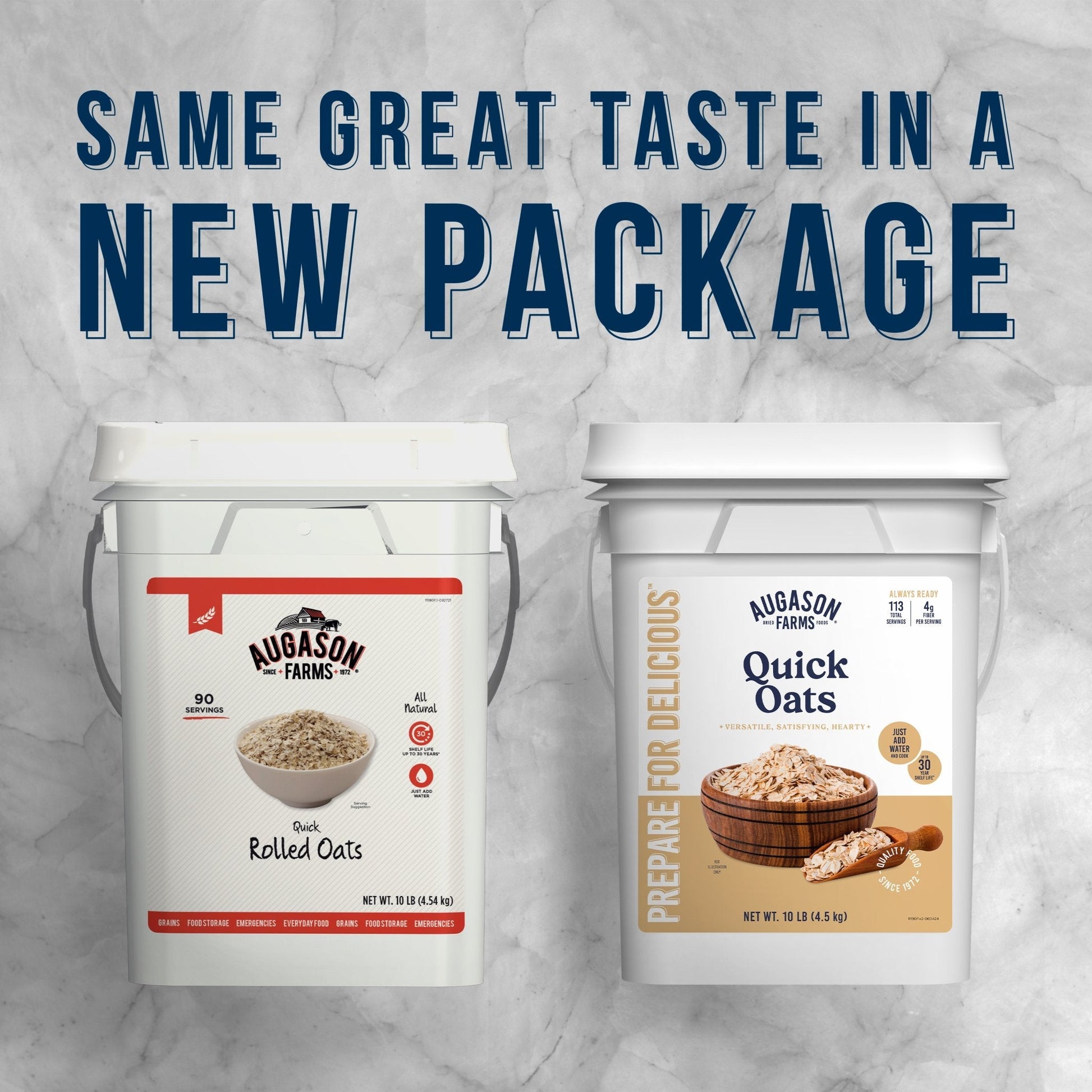 Augason Farms Quick Oats 4-gallon pail with 113 servings, showing the large bulk container of rolled oats.