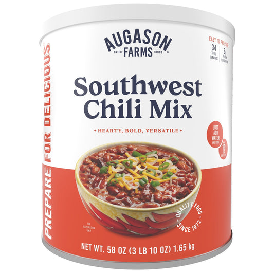 Can of Augason Farms Southwest Chili Mix with 34 servings, featuring a colorful label and ingredients visible on the packaging.