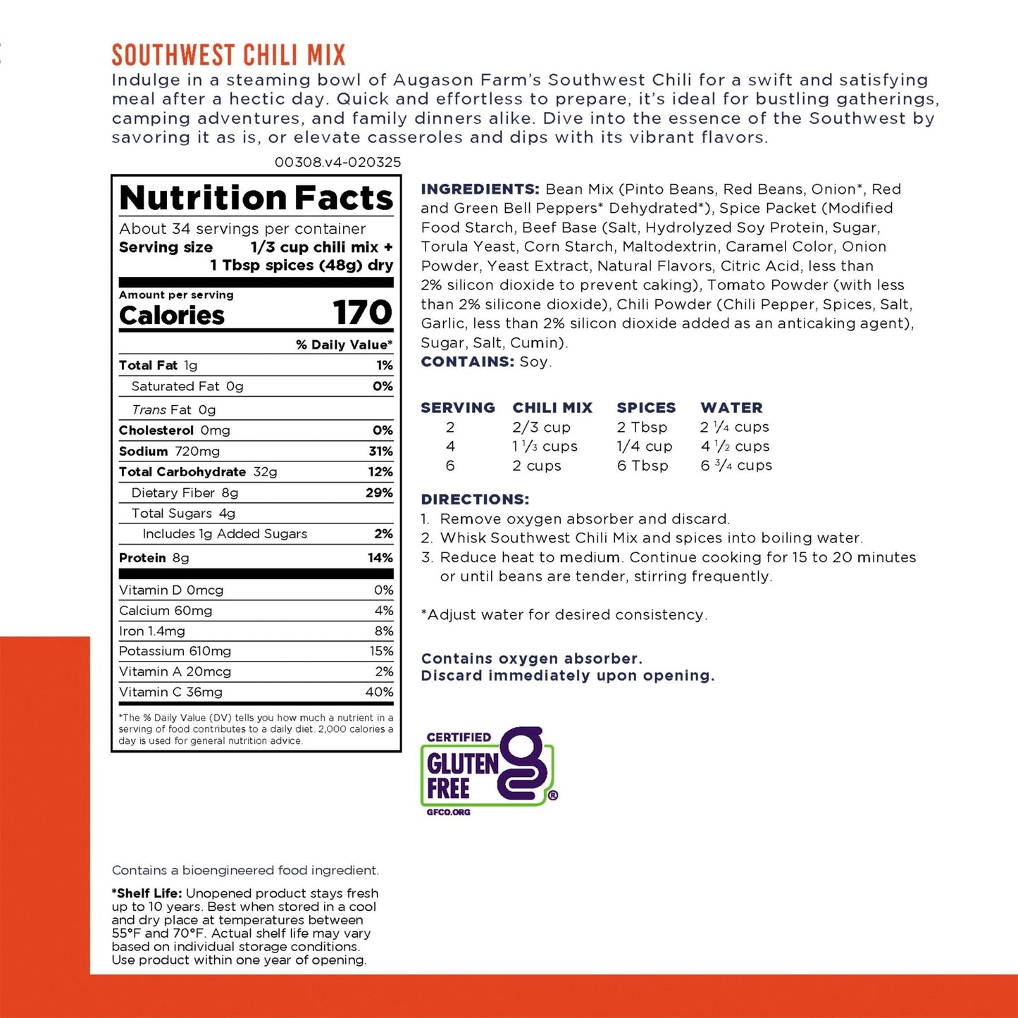 Augason Farms Southwest Chili Mix can with 34 servings, featuring seasoned chili ingredients in a metal can.