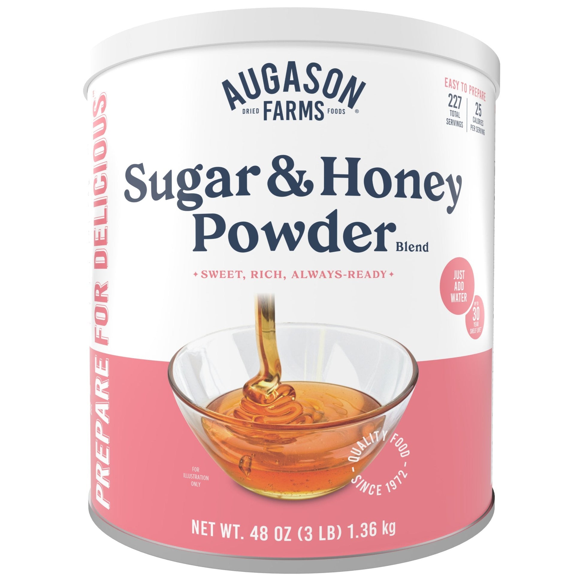 Augason Farms sugar and honey powder blend can with 227 servings, stored in a cylindrical container for baking and sweetening.