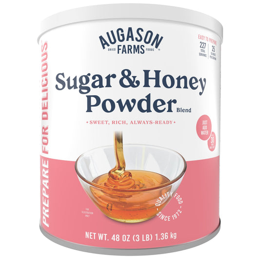 Augason Farms sugar and honey powder blend can with 227 servings, stored in a cylindrical container for baking and sweetening.