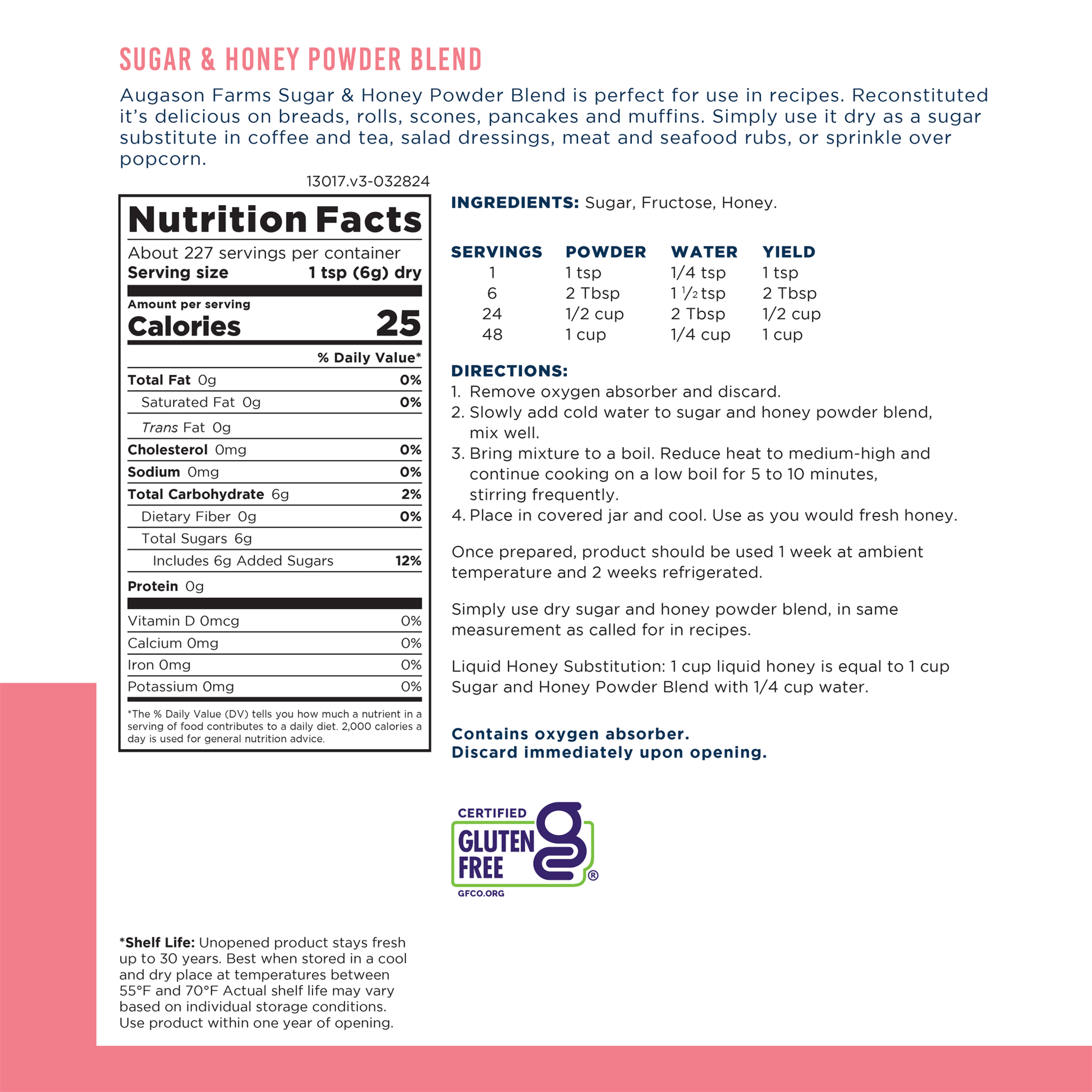 Augason Farms sugar and honey powder blend can, 227 servings, showing the can with label and product inside.